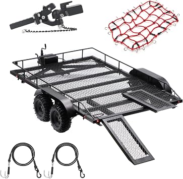 AMK RC Trailer, Metal 1/8 1/10 RC Car Trailer with Installation Manual for Hauling Behind Cars with Truck Hitch and Receiver Crawler Towing Strap Builder Kit for Axial SCX10 90046 TRX4 TRX6 Gen7 Gen8