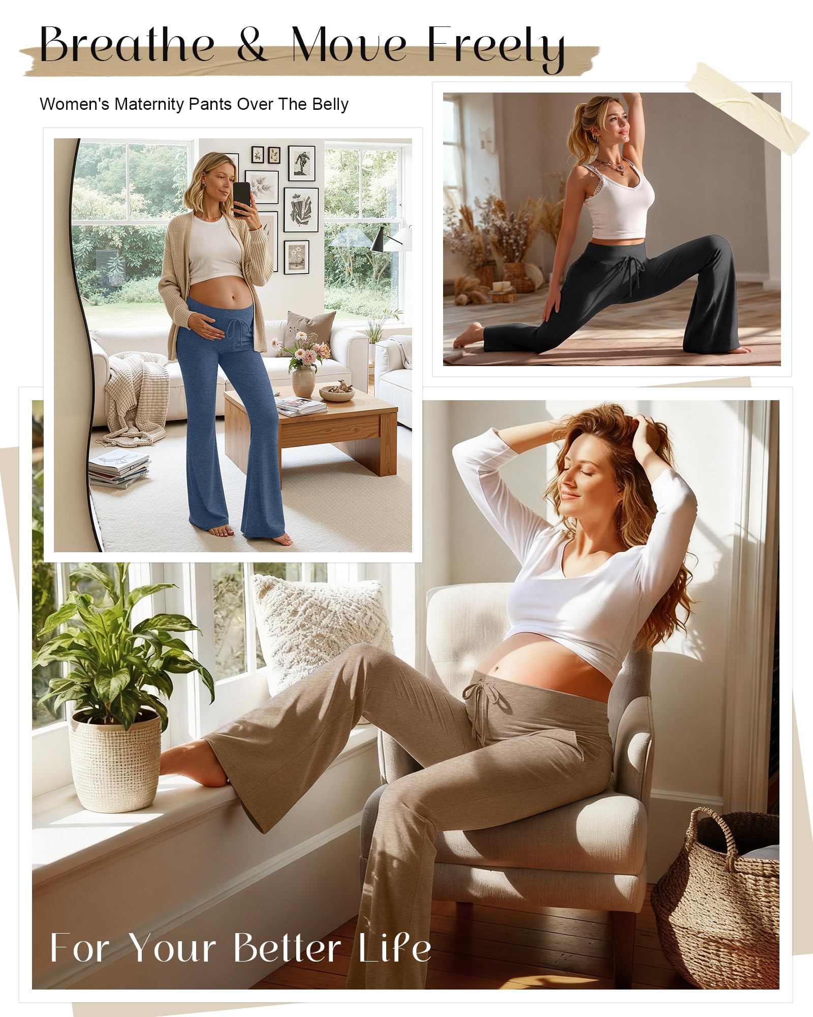 Neer Confezione da 3 pantaloni premaman da donna, a gamba larga, casual, con coulisse, pantaloni svasati con tasche