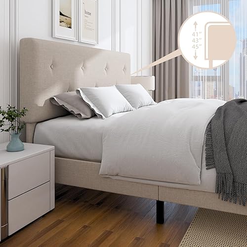 Miniatura 4 de Marco de cama de lino tamaño Queen, marco de cama tapizado con cabecera ajustable, soporte de listones de madera, no necesita somier, fácil montaje,