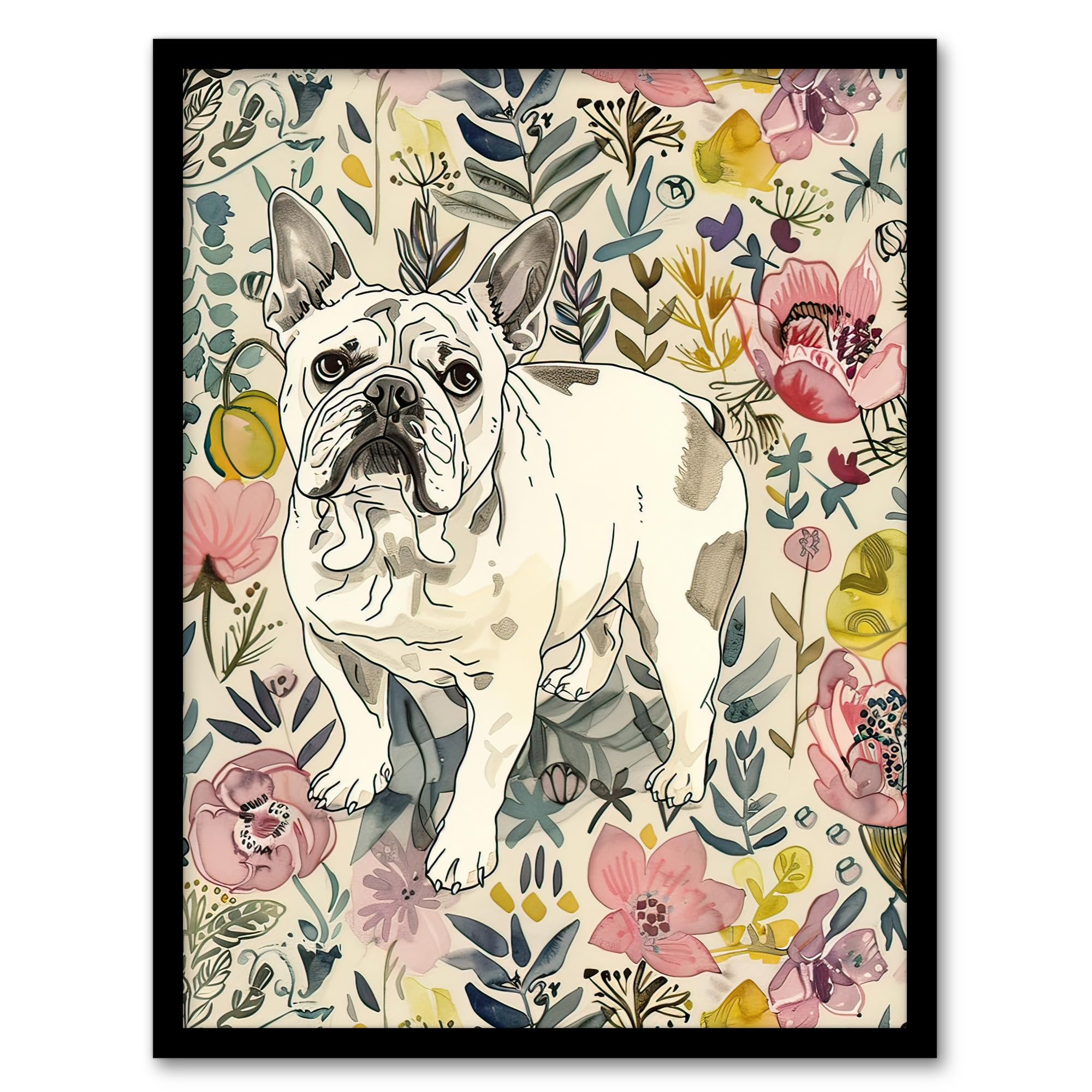 Artery8 Cute French Bulldog Dog Lover Floral Portrait Living Room Artwork Framed Wall Art Print 18X24 Inch