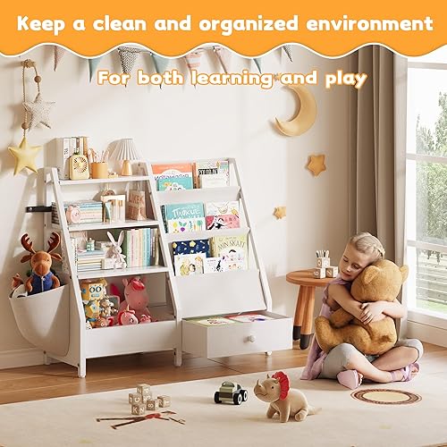 Miniatura 4 de Estantería infantil y organizador de almacenamiento de juguetes, estantería Montessori de 3 niveles para bebés y niños pequeños con bolsillos para