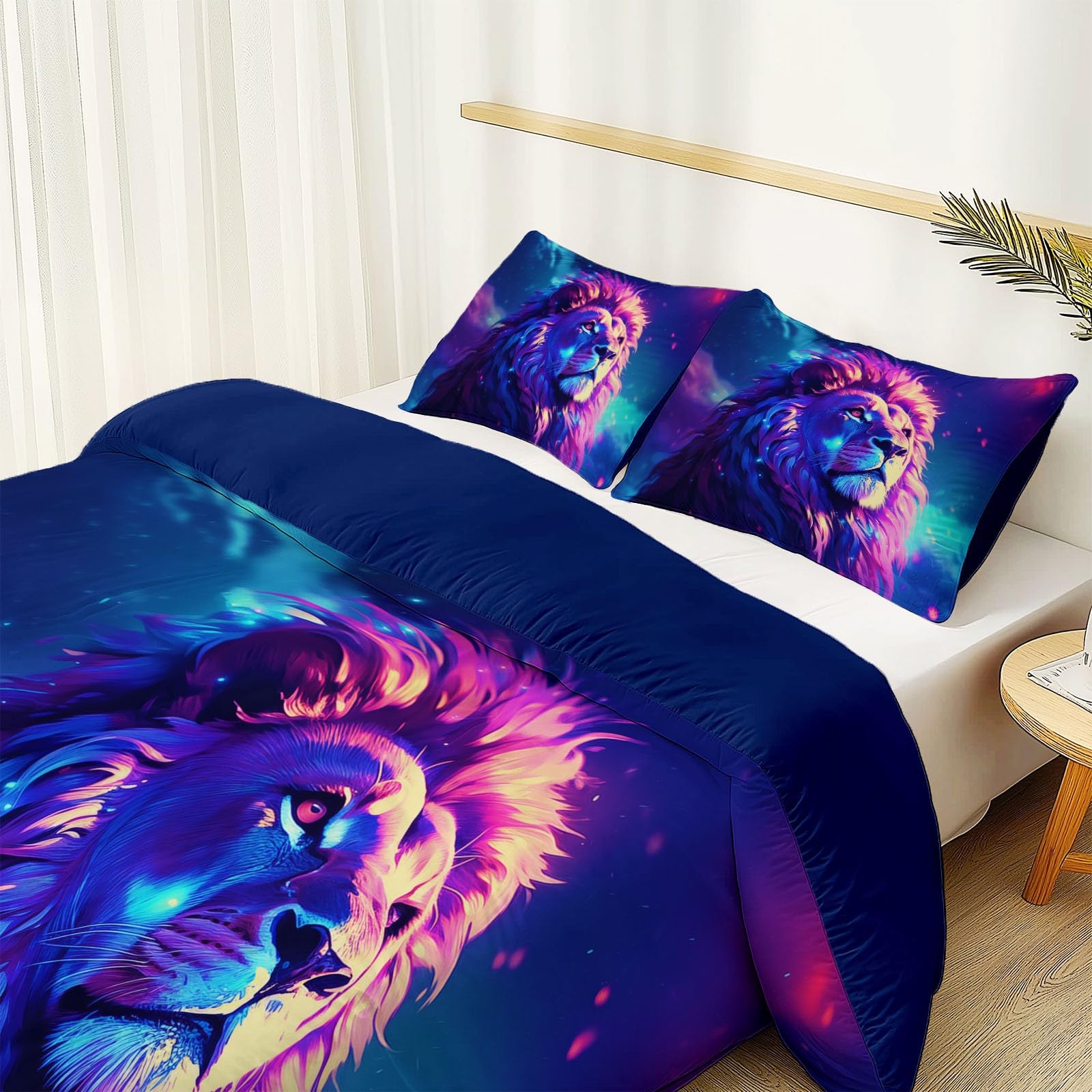 Animaux Dégradé Lion Housse de Couette 140 x 200 cm avec Taies d'oreiller, Illustration Rêveuse Bleu Foncé 100% Microfibre Parure de Lit, pour Enfants garçons