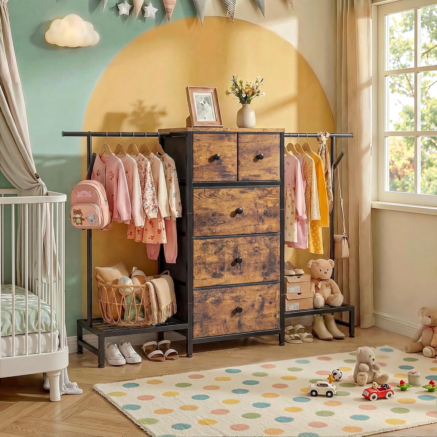 Romorgniz 57.8" W Dresser with Hanging Rack & 5 Fabric Drawers for Bedroom Chest of Drawers with Shoe Racks, Wooden Top Organizer, Rustic Brown