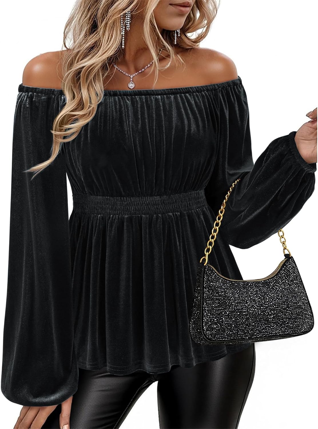 Bebonnie Womens Velvet Off The Shoulder Long Sleeve Sexy Elegant Evening Tops Peplum Dressy Blouses - Image 2