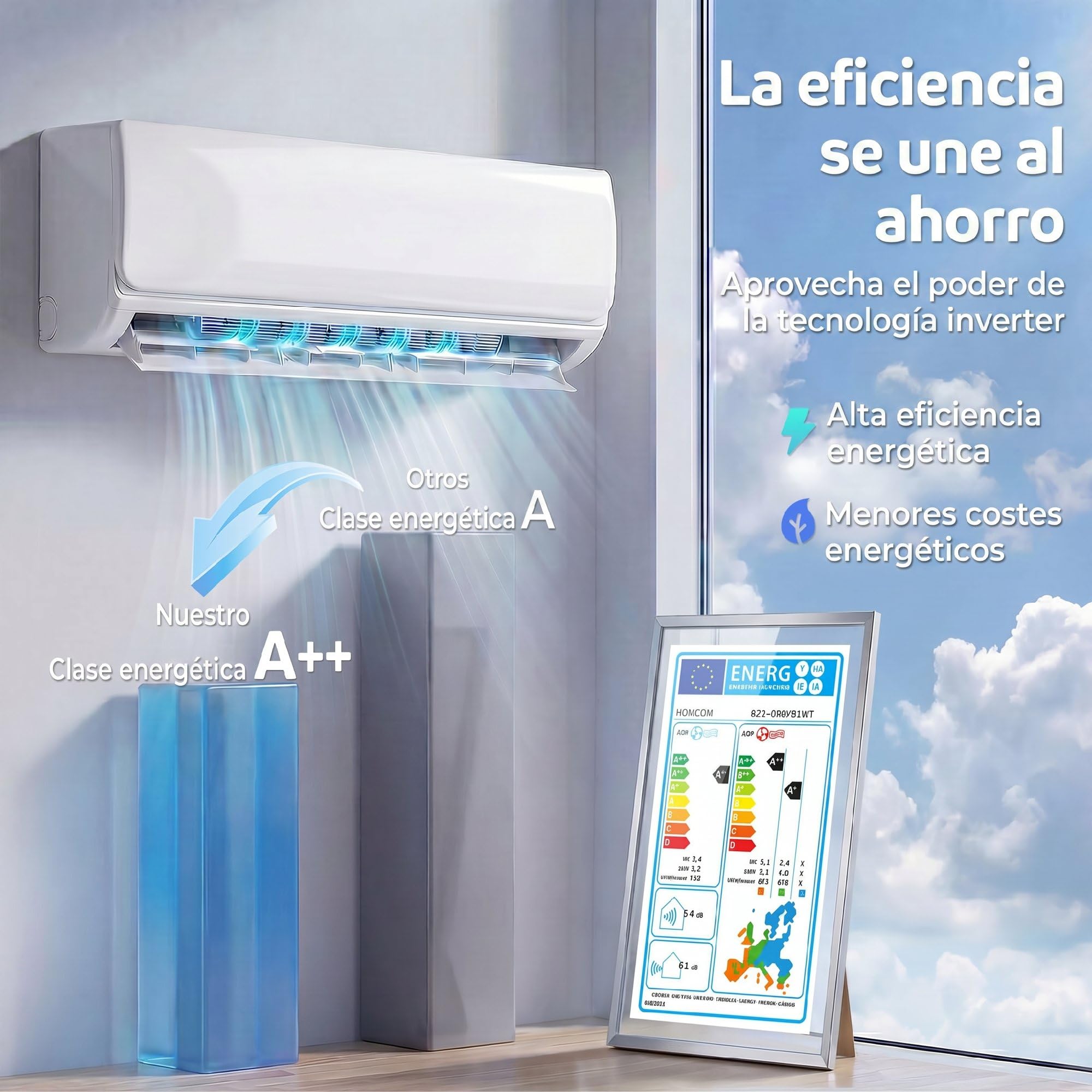 HOMCOM Aire Acondicionado Split 12000 BTU, Bomba de Calor, Aire Acondicionado Inverter, Clase A++, WiFi y Control por Voz, hasta 18 m², Pantalla LED, Mando a Distancia