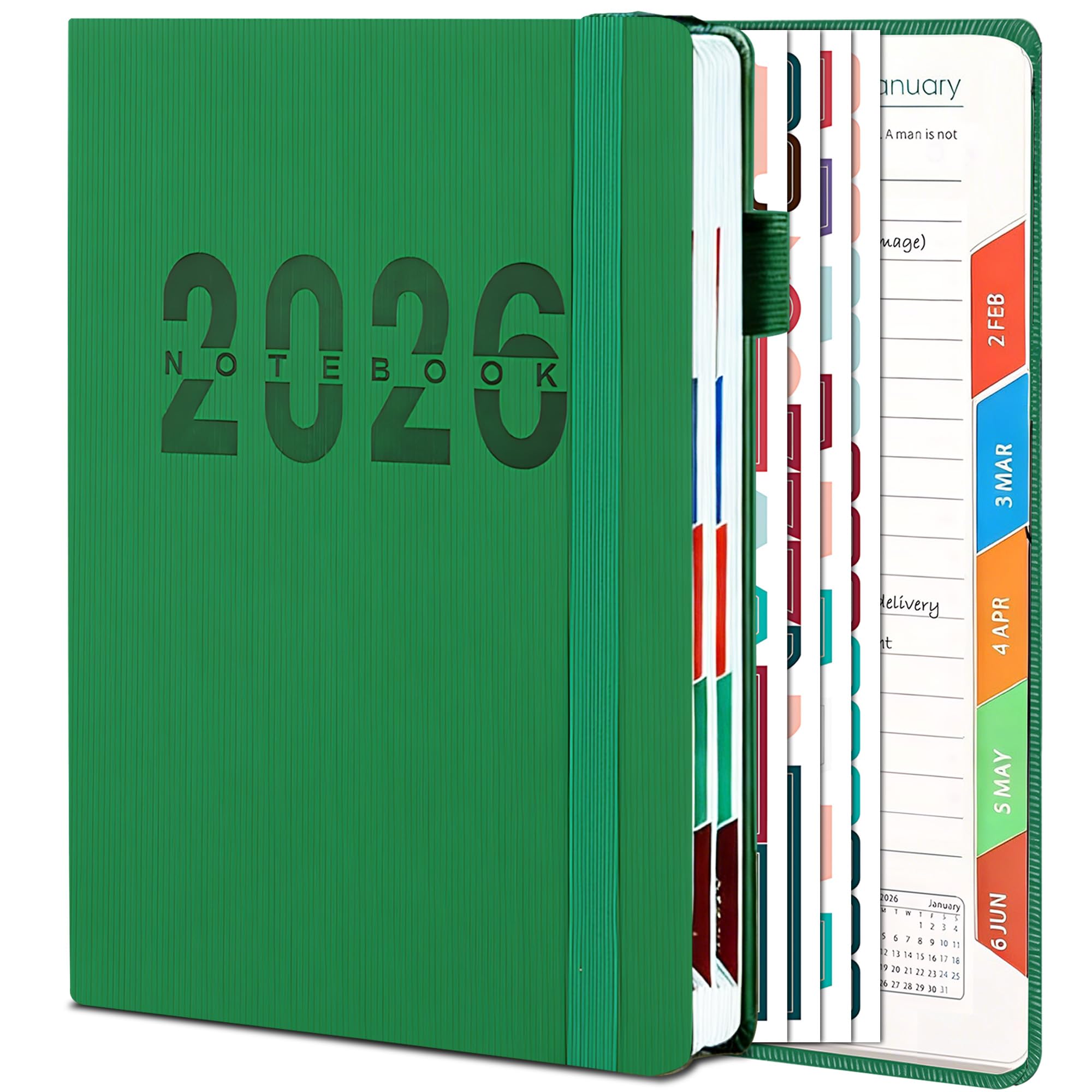 Calendrier journalier mensuel 2026, format A5 (14,5 x 21,1 cm), carnet de rendez-vous, 400 pages, 1 page par jour avec horaire, 12 onglets mensuels, janvier 2026 à décembre 2026, carnet de