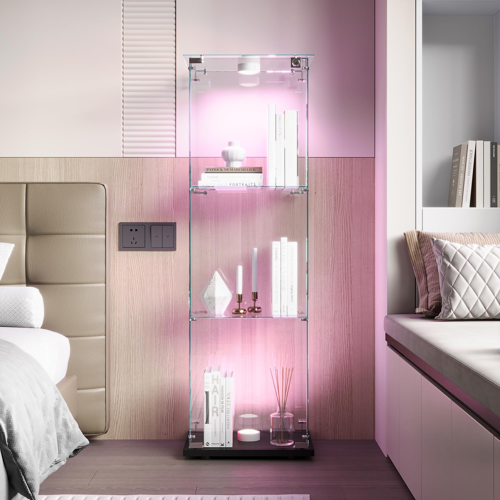 Vetrina espositrice per collezioni grande, vetrina in vetro con luce 123,3 x 35 x 39,8 cm Vetrina espositrice con LED 1 ante 3 ripiani vetrina espositoria trasparente (1anta 3piano, nero A)
