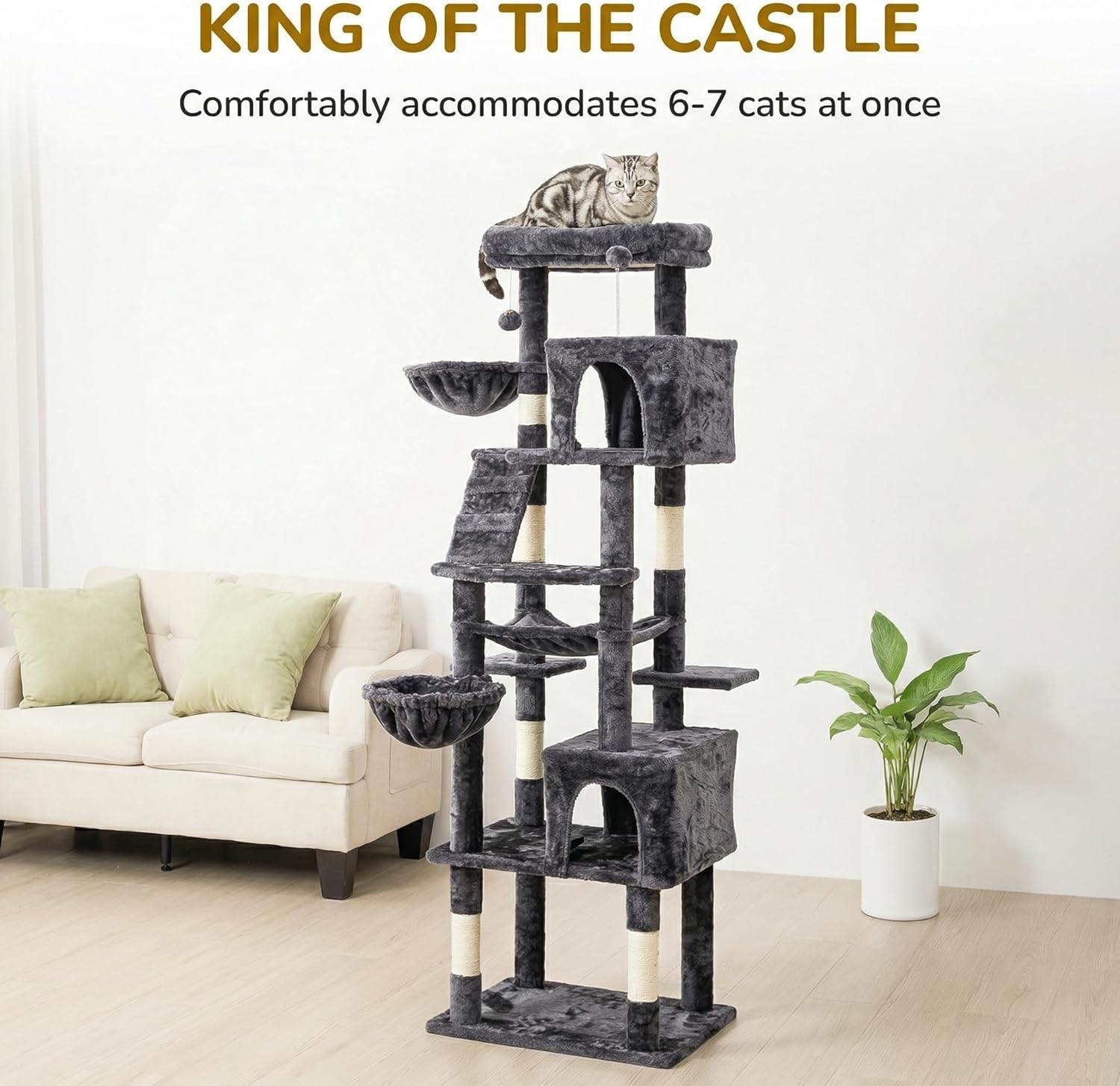 Large Cat Tree with Scratching Posts, Bed, Hammocks & Condos – Multi-Level Cat Tower for Playful Cats, 74" Modern Jungle Gym for Multiple Cats, Grey