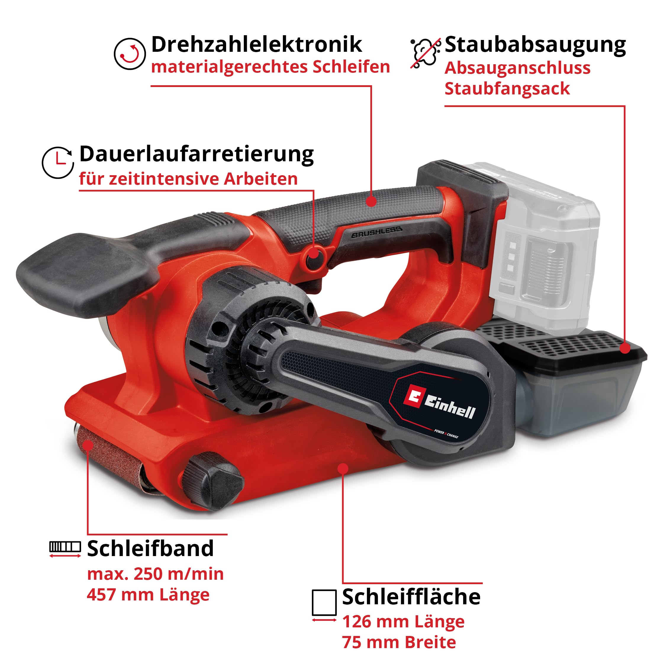 Einhell Professional Akku-Bandschleifer TP-BS 18/457 Li BL-Solo Power X-Change (18 V, Li-Ion, Brushless-Motor, inkl. 3x P80 Schleifband 457x75 mm, ohne Akku & Ladegerät)