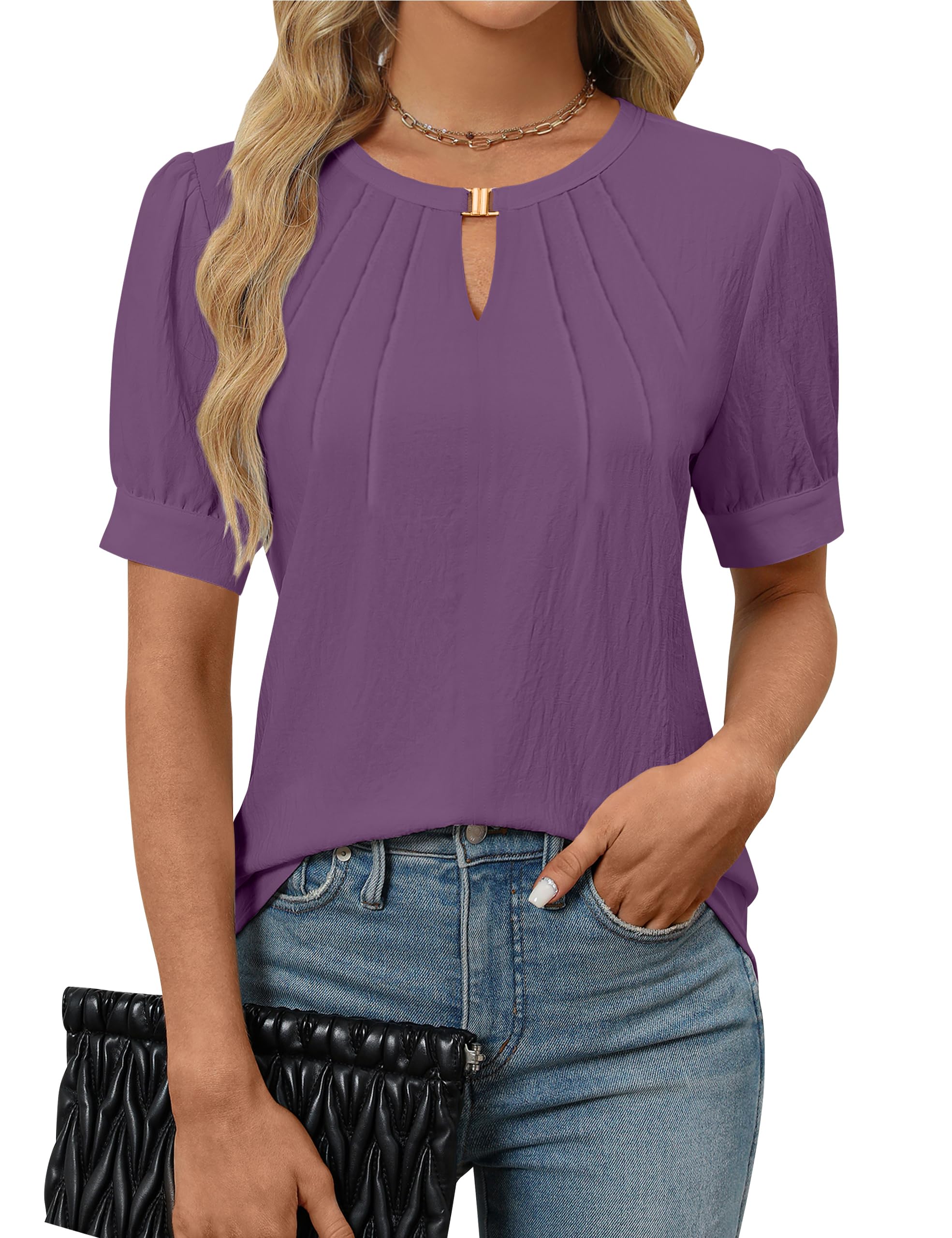 Blooming Jelly Womens Dressy Casual Tops Keyhole Business Work Blouses Pleated Puff Sleeve Summer Shirts