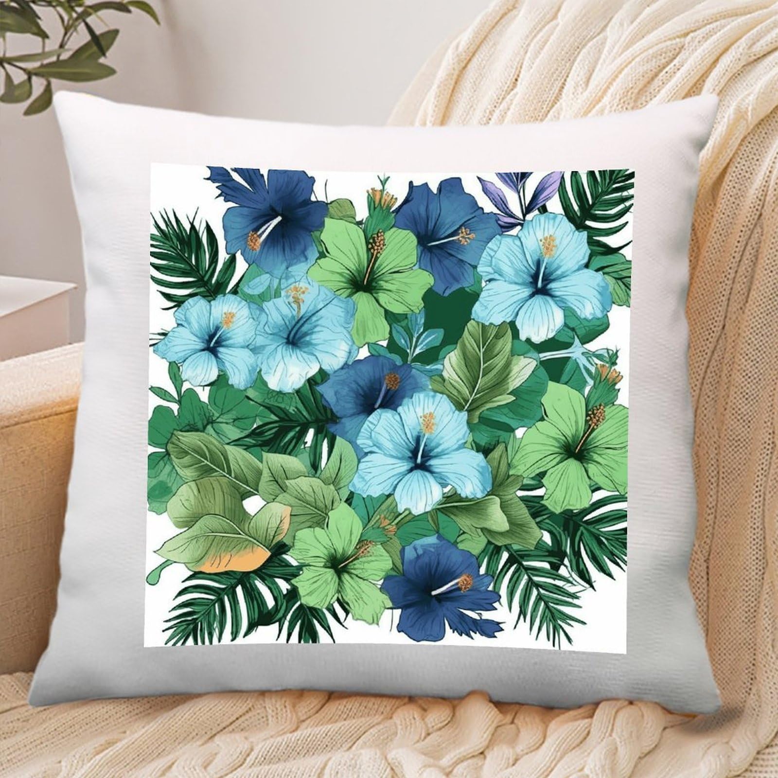 VstaDank Green and Blue Hibiscus Flowers Throw Pillow Covers Square Cushion Cases with Zipper Soft Cotton and Linen Pillowcase Luxury Cozy Pillows Shams Lumbar Pillow Shells for All Seasons