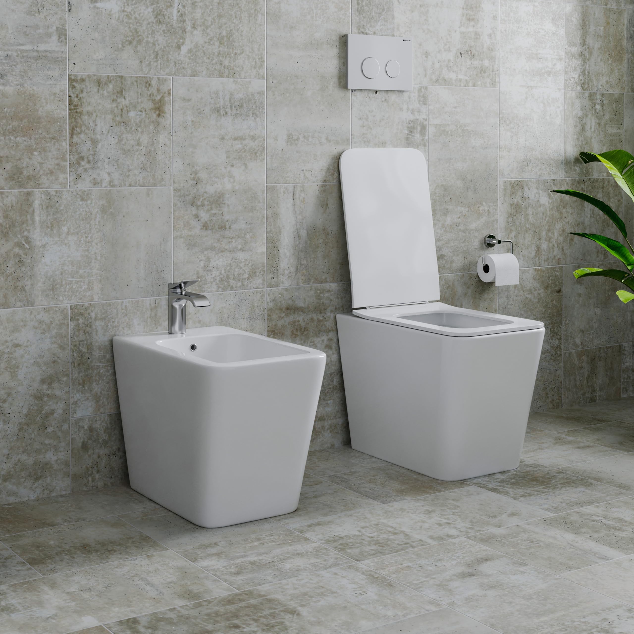 Set Sanitari Filomuro WC e Bidet Quadrati in Ceramica con Copriwater Soft Close e Sgancio Rapido Bianco Lucido Design Moderno (Quadrato)