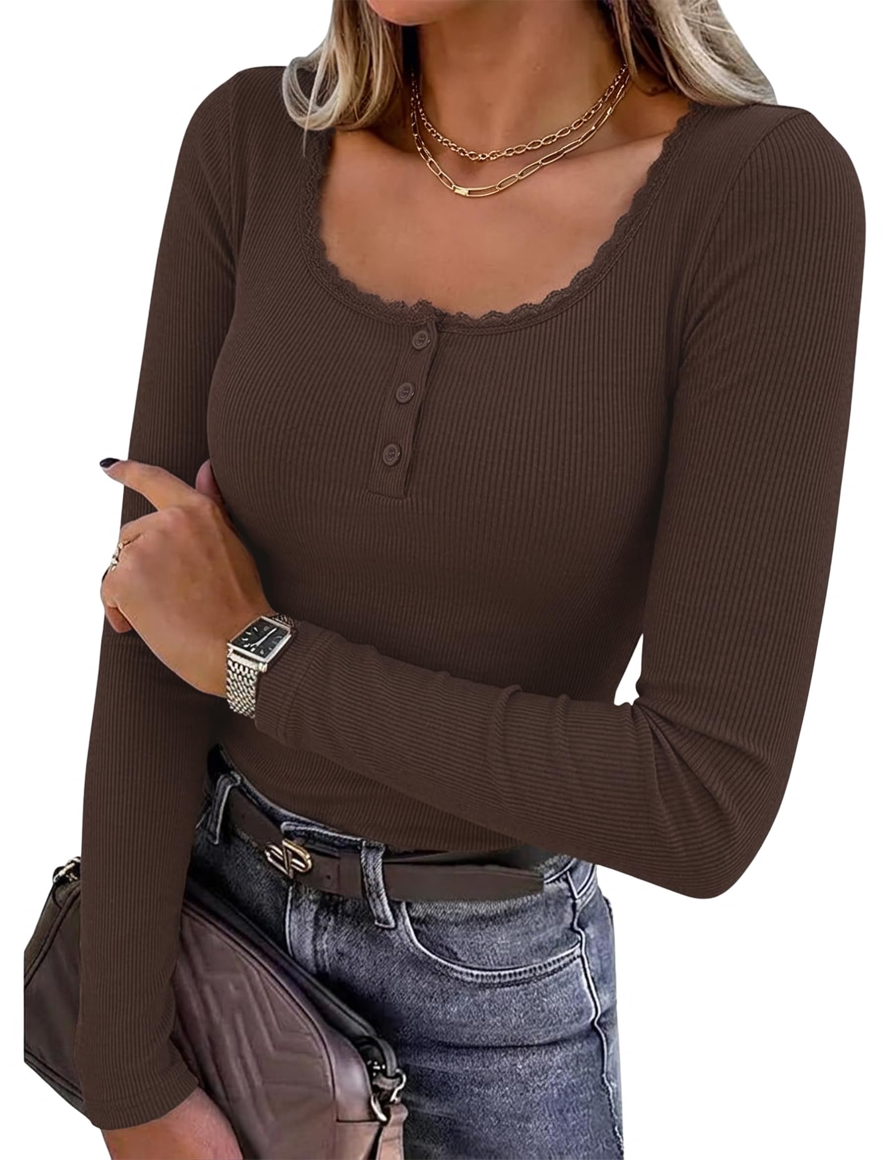 Damen Langarmshirt Knopfleiste Rippshirt Slim Fit Spitzen Henley Oberteile | Elegantes Rippshirt,U-Ausschnitt Stretch longsleeve,Einfarbig Langarm Shirt, Dünner Basic Pullover für Herbst Winter