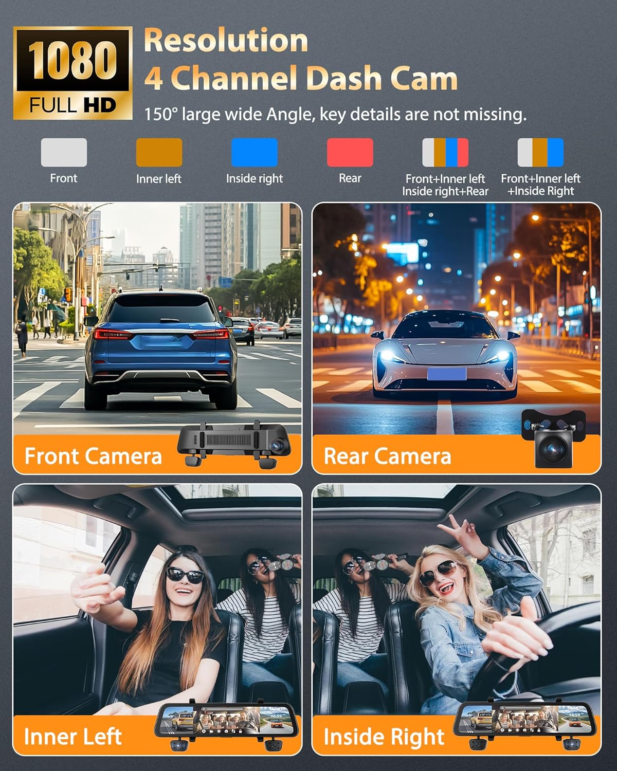 4 Channel Mirror Dash Cam 1080P Front and Rear/Inside 12’’ Touch Screen HD Rearview Mirror Dash Cam with G-Sensor GPS Parking Monitor Built-in WiFi