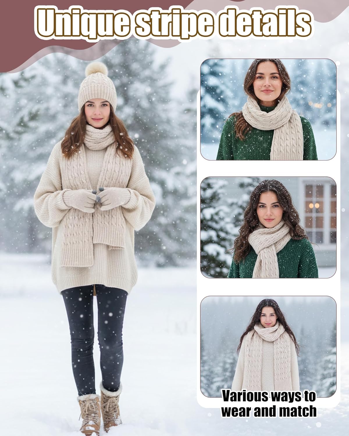 Geyoga 6 Pcs Winter Warm Set for Women Warm Beanies Hats Touchscreen Gloves Long Scarf Ear Muffs Socks Winter Gifts for Women - Image 3