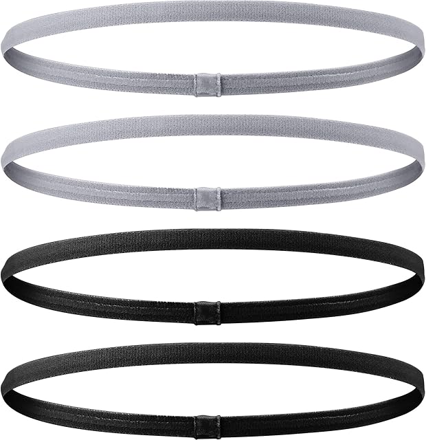 4 Pieces Thick Non-Slip Elastic Sport Headbands Hair Headbands for Women and Men (Black, Grey)