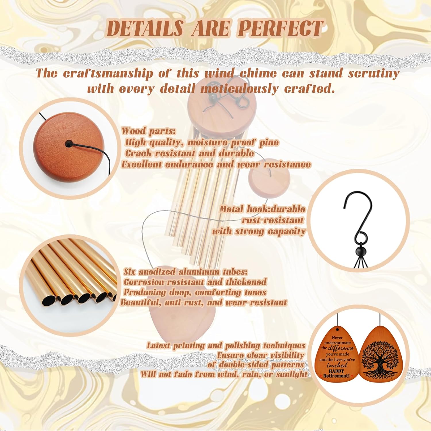 Retirement Gifts Wind Chime, Happy Retirement Decorations for Women, Men, Coworker, Nurse, Veteran, Teacher, Boss (Gold) - Image 6