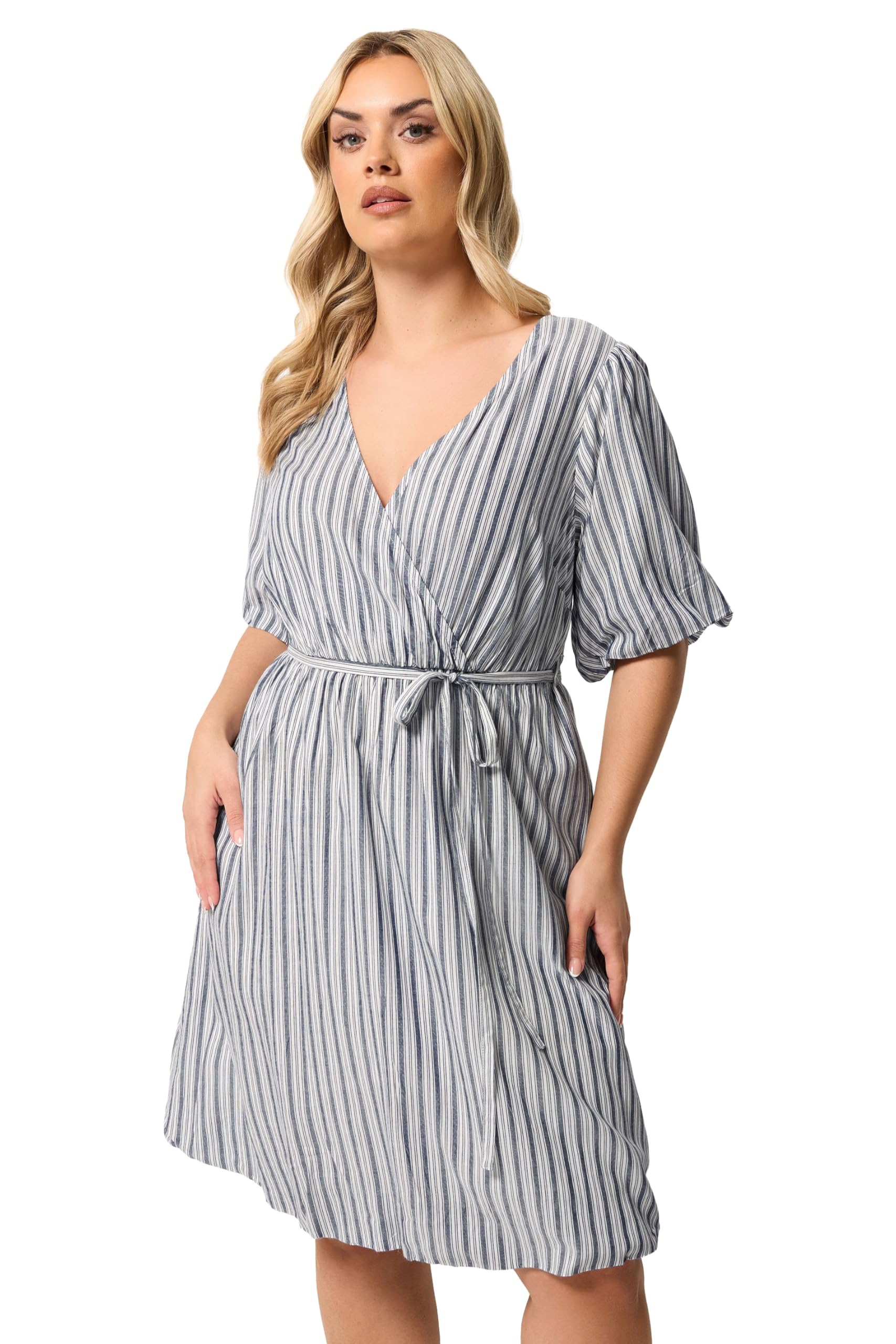 Yours Women's Light Blue Stripe Puff Ball Wrap Dress In | Size: 18