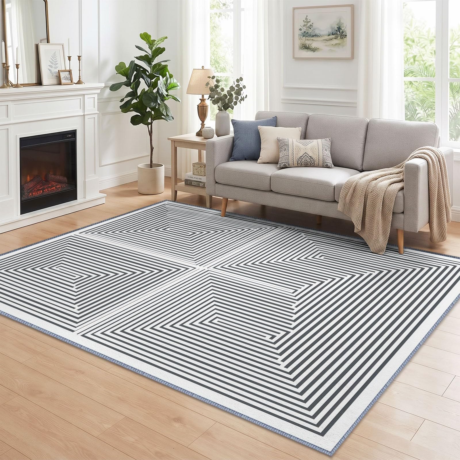 Tapis Salon Minimaliste Labyrinthe Géométrique Rayures 160 x 230 cm, Tapis Antidérapant Moderne Ne Perde Pas de Peluches, Lavable en Machine pour Chambre, Salle à Manger, Bureau à Domicile