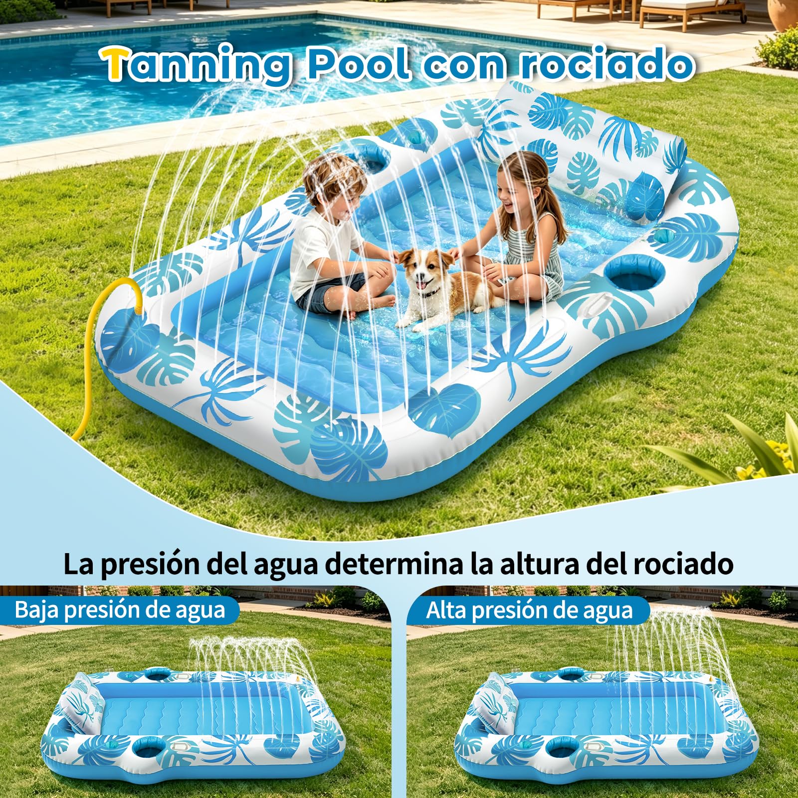 JONRRYIN Colchoneta Piscina Adultos 2 Personas, Tanning Pool 225×190 cm, Colchoneta Hinchable con Función de Rociado y 2 Portavasos, Hamaca Hinchable Flotador para Playa y Agua