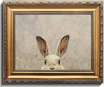 Uniro Vintage Gold Framed Wall Art, Easter Bunny Wall Art Decor, Neutral Rabbit Canvas Oil Painting Poster for Rustic Easter Decor, Vintage Home Decor Animals Artwork Prints Wall Decor for Kids Room, Living Room, Bedroom or Festive Spaces - 9x12inch