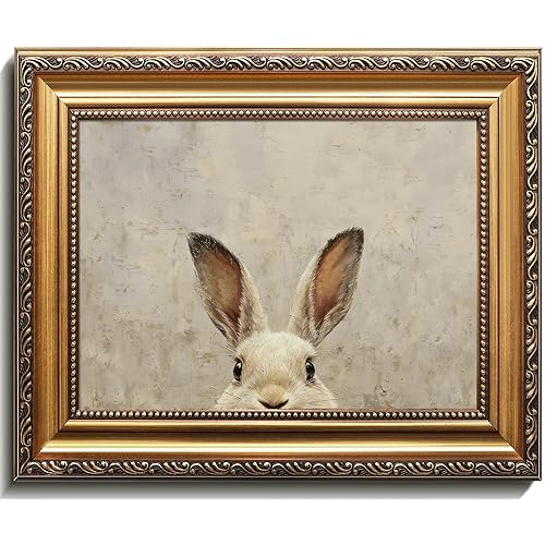 Uniro Vintage Gold Framed Wall Art, Easter Bunny Wall Art Decor, Neutral Rabbit Canvas Oil Painting Poster for Rustic Easter Décor, Vintage Home Decor Animals Artwork Prints Wall Decor for Kids Room, Living Room, Bedroom or Festive Spaces - 9x12inch