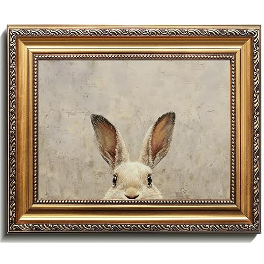Uniro Vintage Gold Framed Wall Art, Easter Bunny Wall Art Decor, Neutral Rabbit Canvas Oil Painting Poster for Rustic Easter Décor, Vintage Home Decor Animals Artwork Prints Wall Decor for Kids Room, Living Room, Bedroom or Festive Spaces - 9x12inch