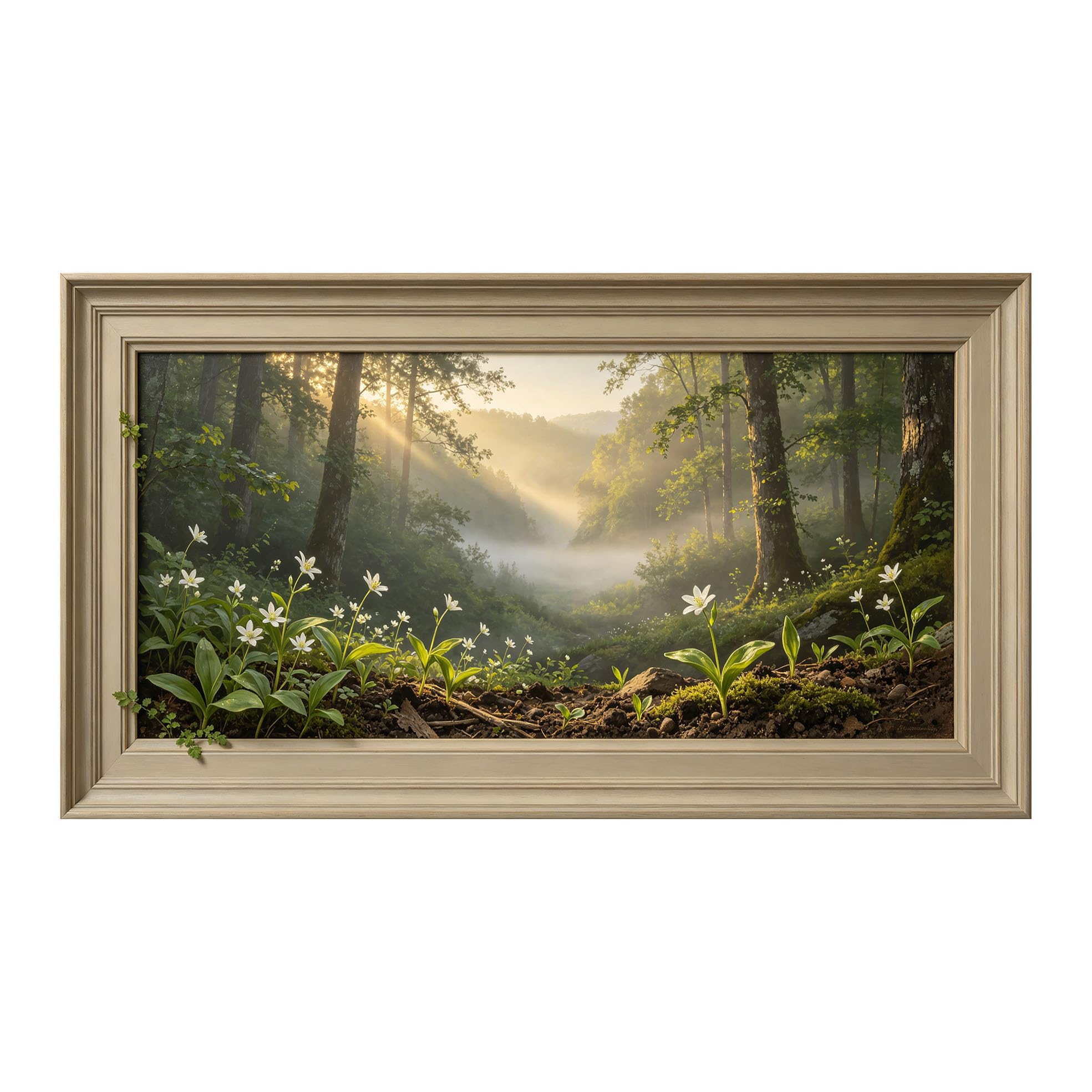 Yzpallescene 3D Framed Wall Art 50cm×100cm Misty Forest Sunlight Botanical Impressionist Panoramic Large Size SelfAdhesive Removable Wall Decor Prints Artwork for Living Room Bedroom Office
