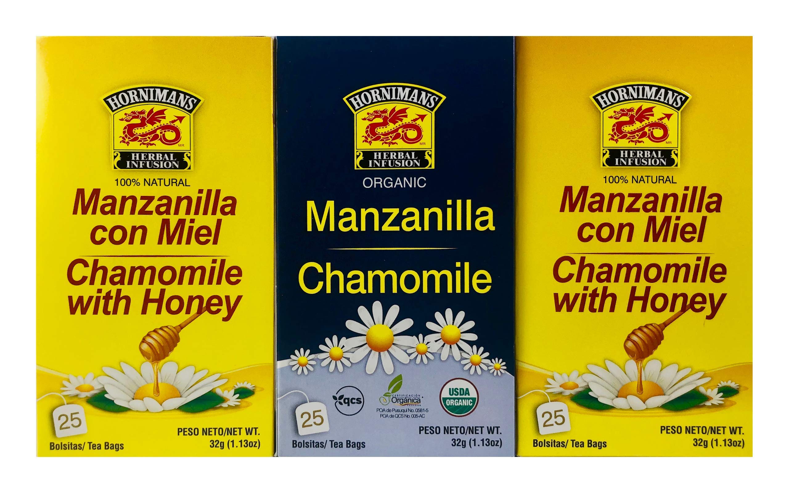 Hornimans Manzanilla Con Miel (50 tea bags) AND Manzanilla (25 tea bags) - Chamomile Tea - Herbal Tea - 75 tea bags