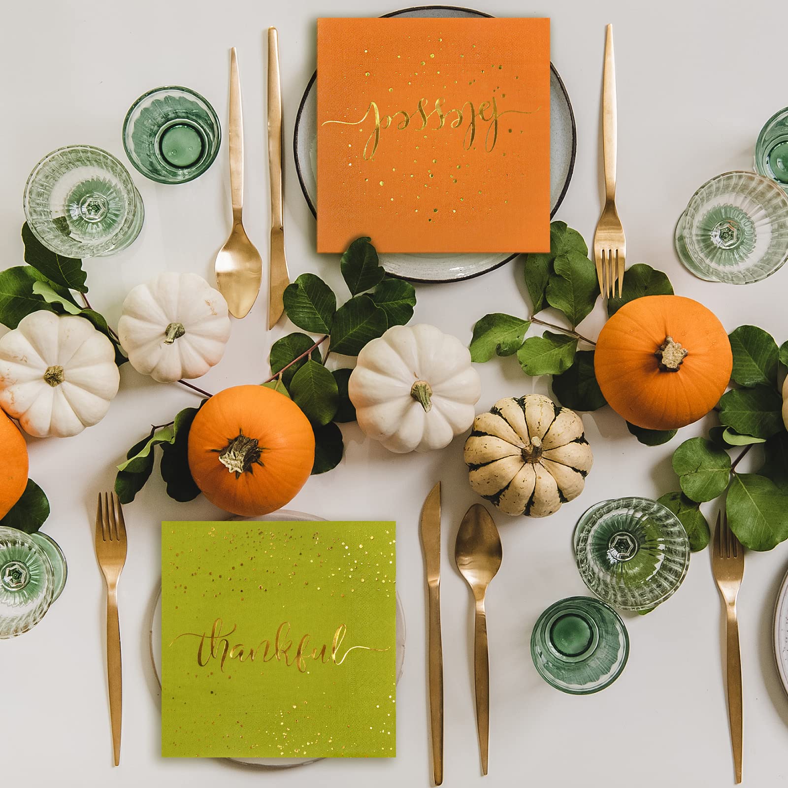Thanksgiving Servietten-Set Von Whaline – 75 Stück, 12,7 X 12,7 Cm, Goldene Herbstmotive: Dankbar, Gesegnet, Dankbar