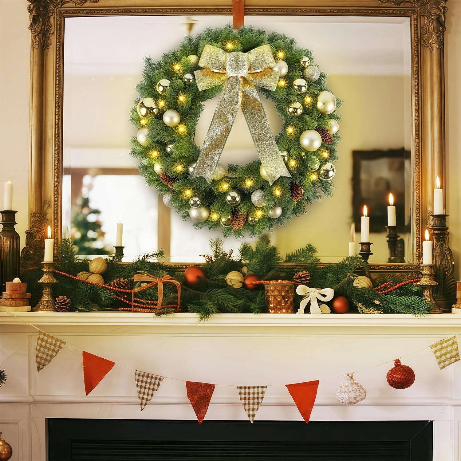 Hausse 21" Lighted Christmas Wreath with Metal Hanger, Pre-lit Xmas Folded Wreath with LED Lights, Golden Bow & Balls, Battery Operated & Timer for Front Door Gate Wall Holiday Party Decor - Image 4