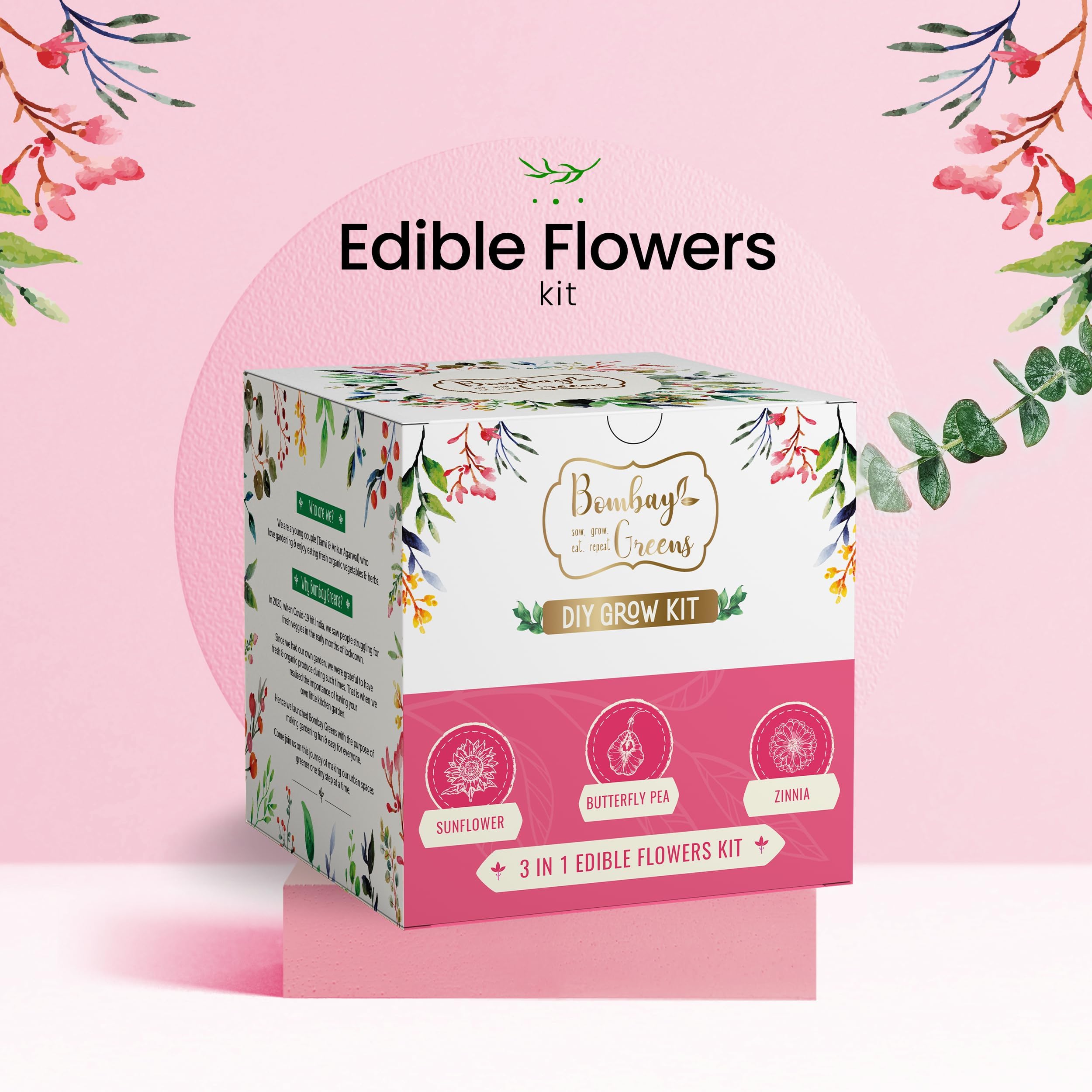 Bombay Greens 3 in 1 Flowers DIY Grow Kit – Gardening kit for Return Gift For Birthday For Kids, Home Gardener – (Zinnia, Sunflower & Butterfly Blue Pea) - Combo Pack of 8 3
