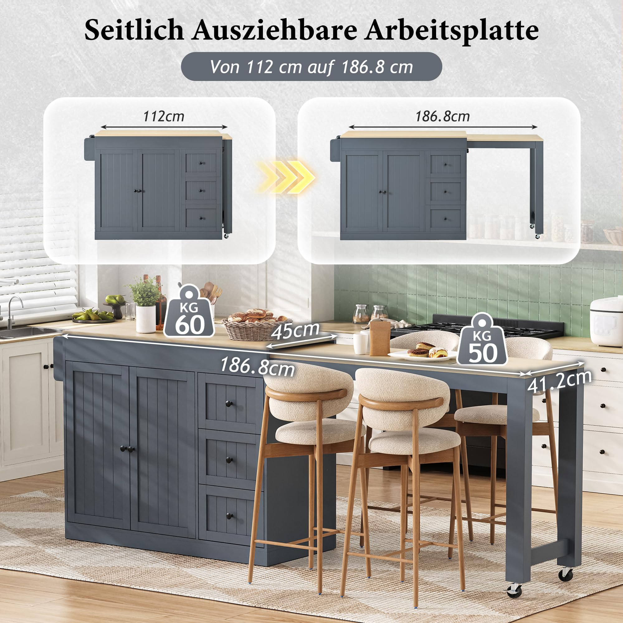 Kücheninsel Freistehend auf Rollen, Mobile Küchenwagen mit Ausziehbarer Essbereich, küchenschrank mit Gewürzregal und Schubladen für Küche und Esszimmer (Grau)