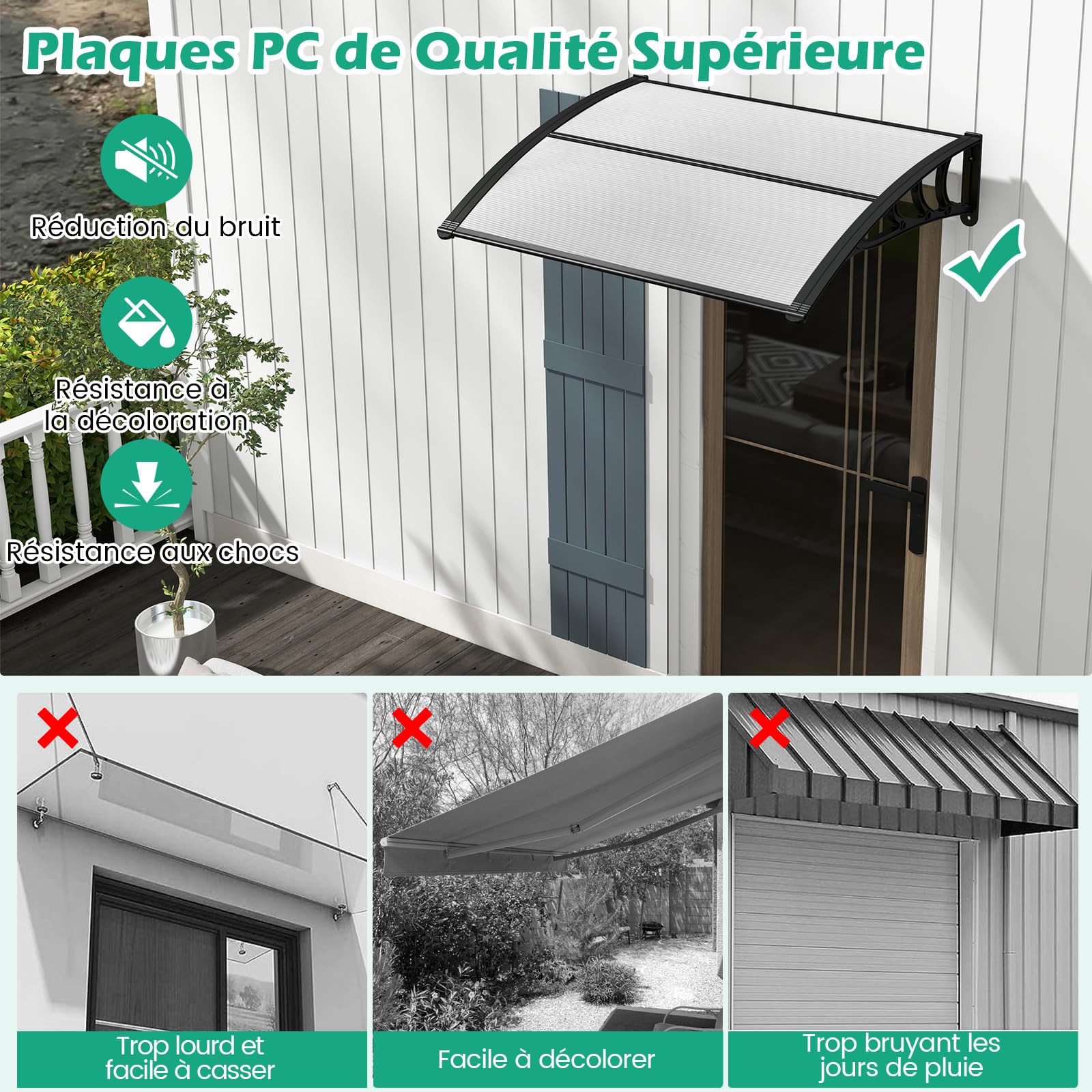 RELAX4LIFE Marquise de Porte Exterieur 150x100 CM, Auvent Porte d’Entrée en Polycarbonate, Protection Contre Pluie et UV, Auvent Marquise Aluminium pour Terrasse Balcon Patio