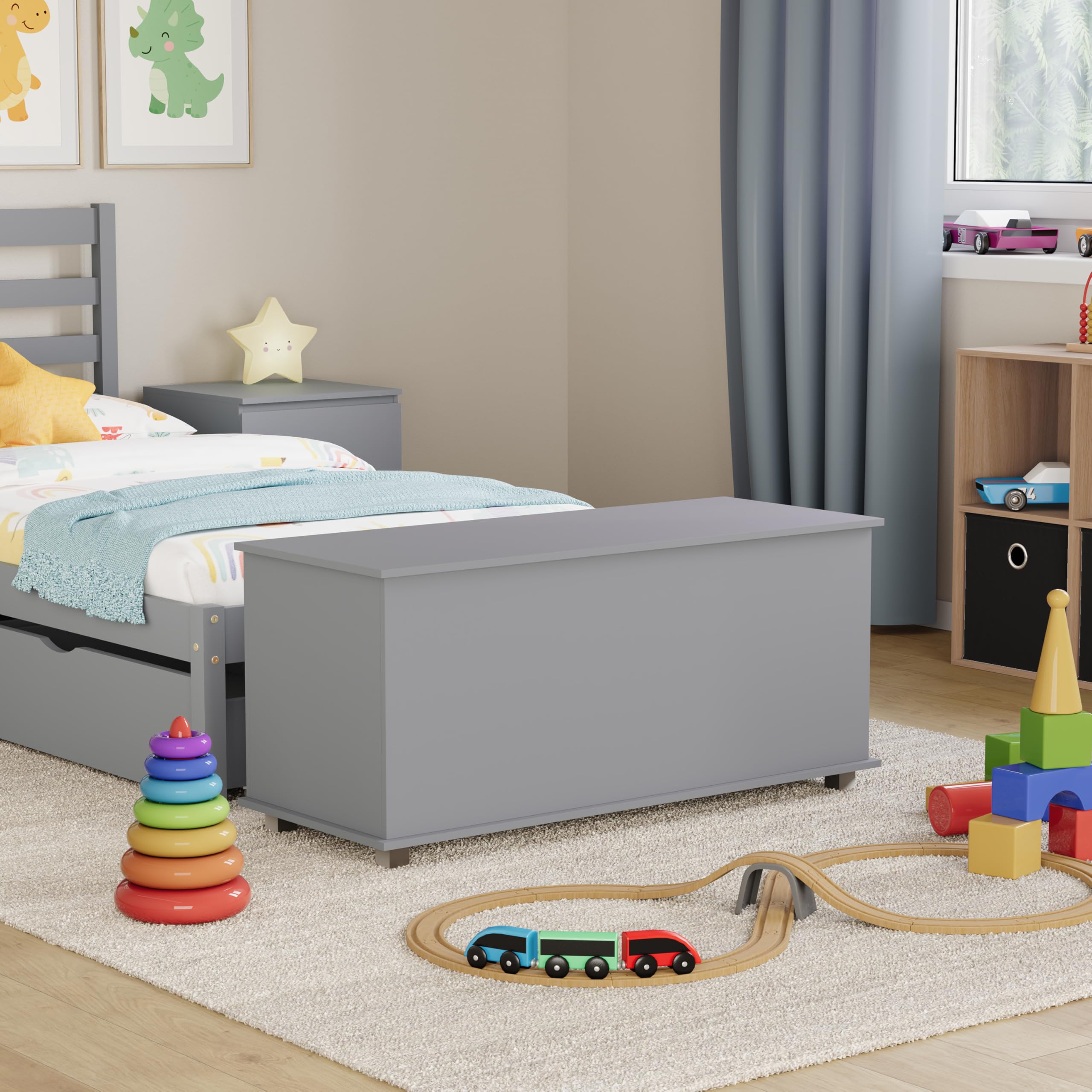 Vida Designs Leon - Caja de juguetes de madera para niños con tapa, fundas y mantas, contenedor ordenado para niños (gris)