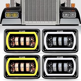 4x6 LED Headlights with Amber White Halo Sealed Beam Headlamp Compatible with Peterbilt 379 Kenworth T800 Semi Trucks