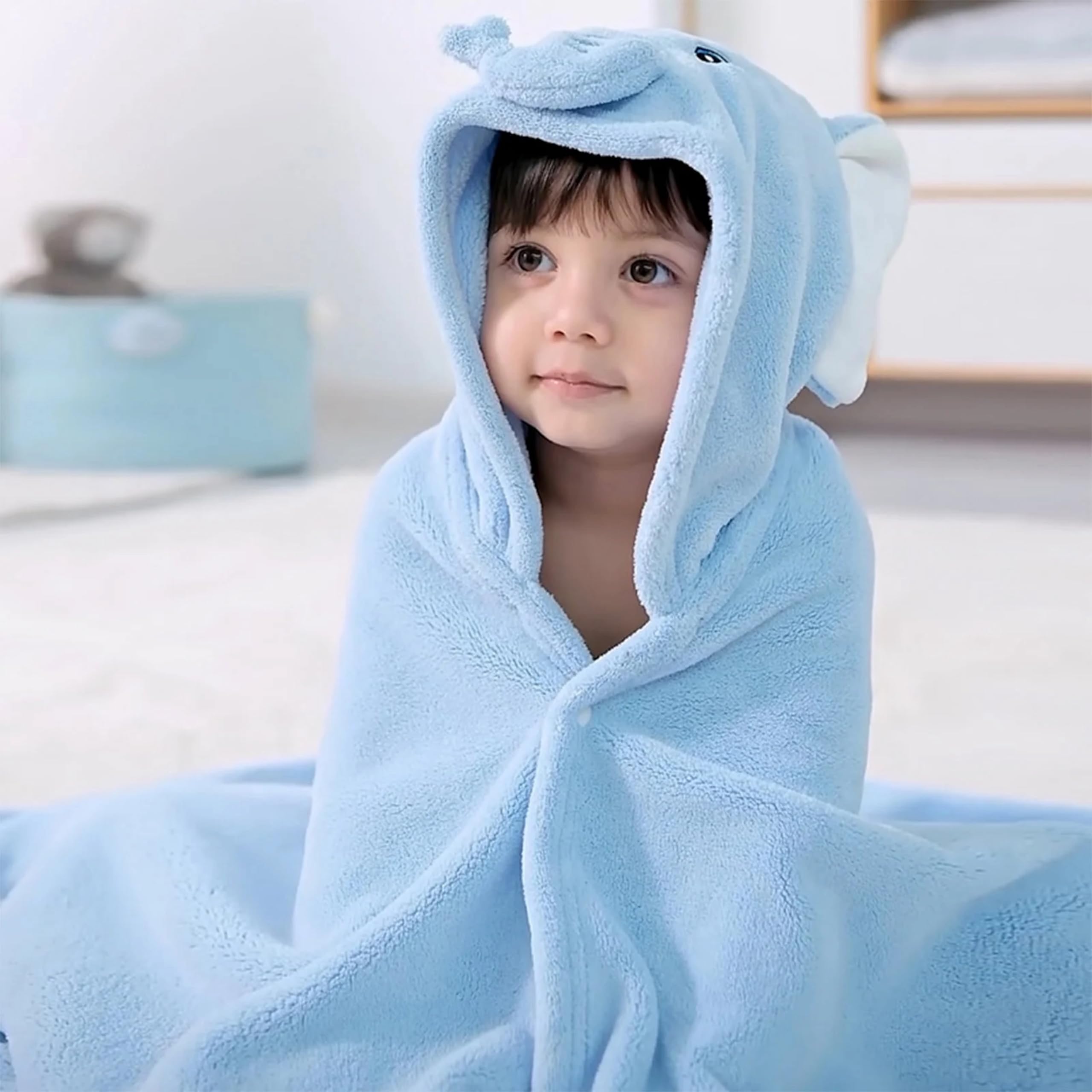 DIVYAM Fluffy Tales Elephant Kids Hooded Towel | 70x140cm, Plush Coral Fleece Poncho Bath & Beach Wrap | Multi-Use Infant to Toddler | Beach, Bath etc (Sky Blue, Age 1-7 Years)