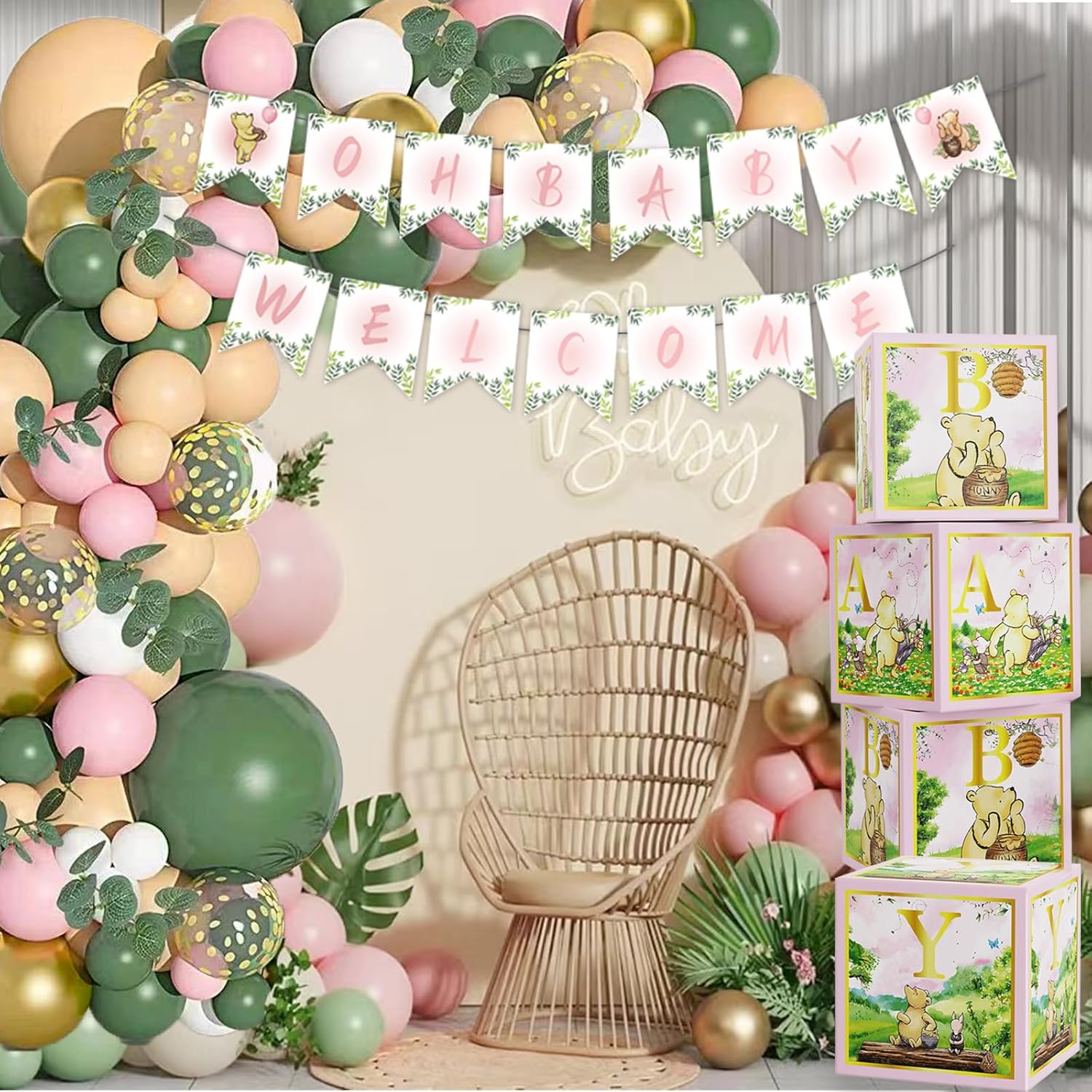 158pcs Pink Classic Winnie Baby Shower Decorations Kit, Vintage Winnie Party Supplies Decorations, Classic Pooh Backdrop Cake Topper, Winnie Baby Tablecloth Box Decorations for Girl Boy Baby Shower