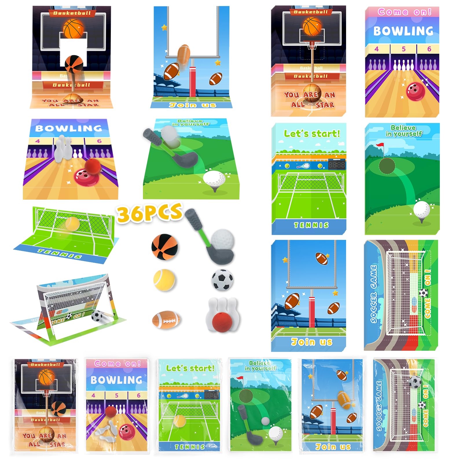 Valentine Cards for Kids Classroom 36 Sports Game Cards and Erasers Classroom Valentine's Day Exchange Cards School Parties Like Girls Boys (36)