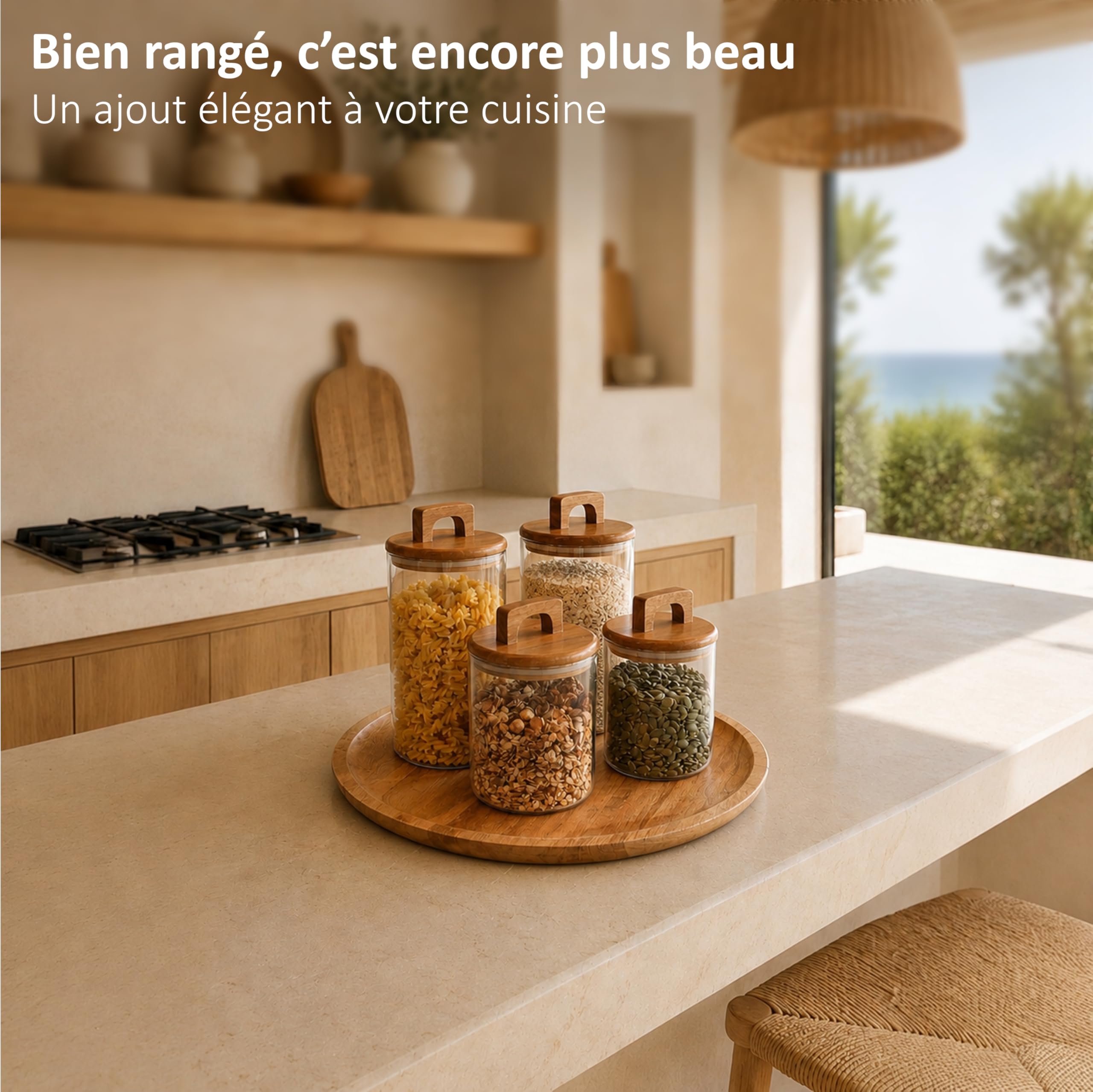 Bocaux en verre avec couvercle en acacia – Lot de 4 bocaux de conservation hermétiques 1000 ml & 1600 ml – Boite de rangement cuisine pour pâtes, riz, café et aliments