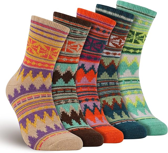 BESSIO Women Thermal Socks 5 Pairs, Wool Knitting Ladies Socks, Soft Cotton Thick Warm Womens Socks for Winter, Christmas Gifts for Women, Vintage Nordic Style, Multiple Colour, One Size