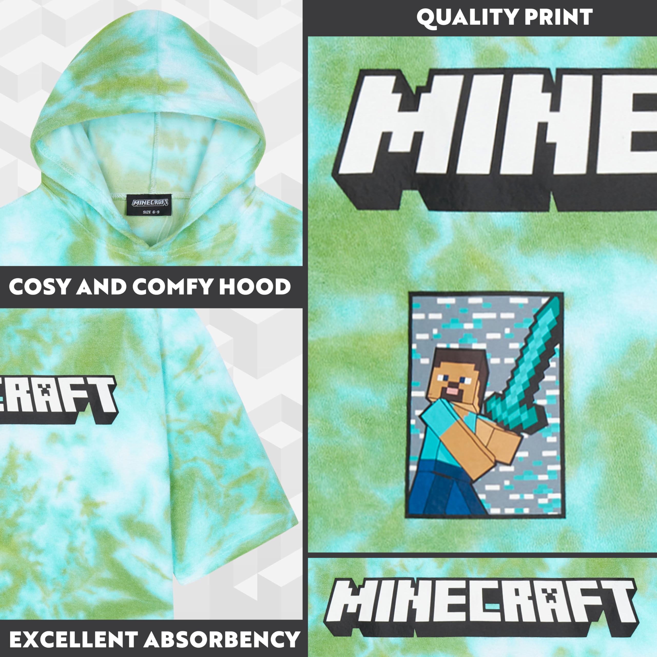 Minecraft Bath Towel with Hood for Kids and Teenagers Changing Robe Absorbent Creeper Poncho Towel for Swimming Bath Shower Beach Holiday Essentials (Green Tie Dye - Image 4