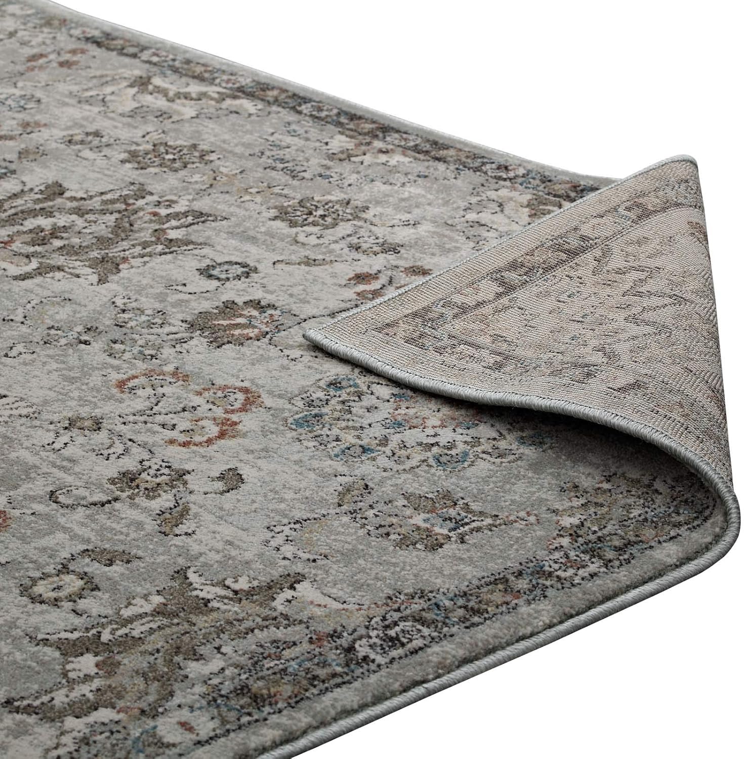 Modway Hana Distressed Vintage Floral Lattice 5x8 Area Rug In Silver Blue, Beige and Brown