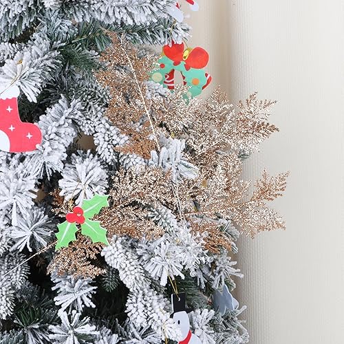 Miniatura 10 de FOIMAS 24 agujas de pino artificiales con purpurina, ramas florales de Navidad, ramas falsas de ramitas florales, aerosoles para coronas de árbol de
