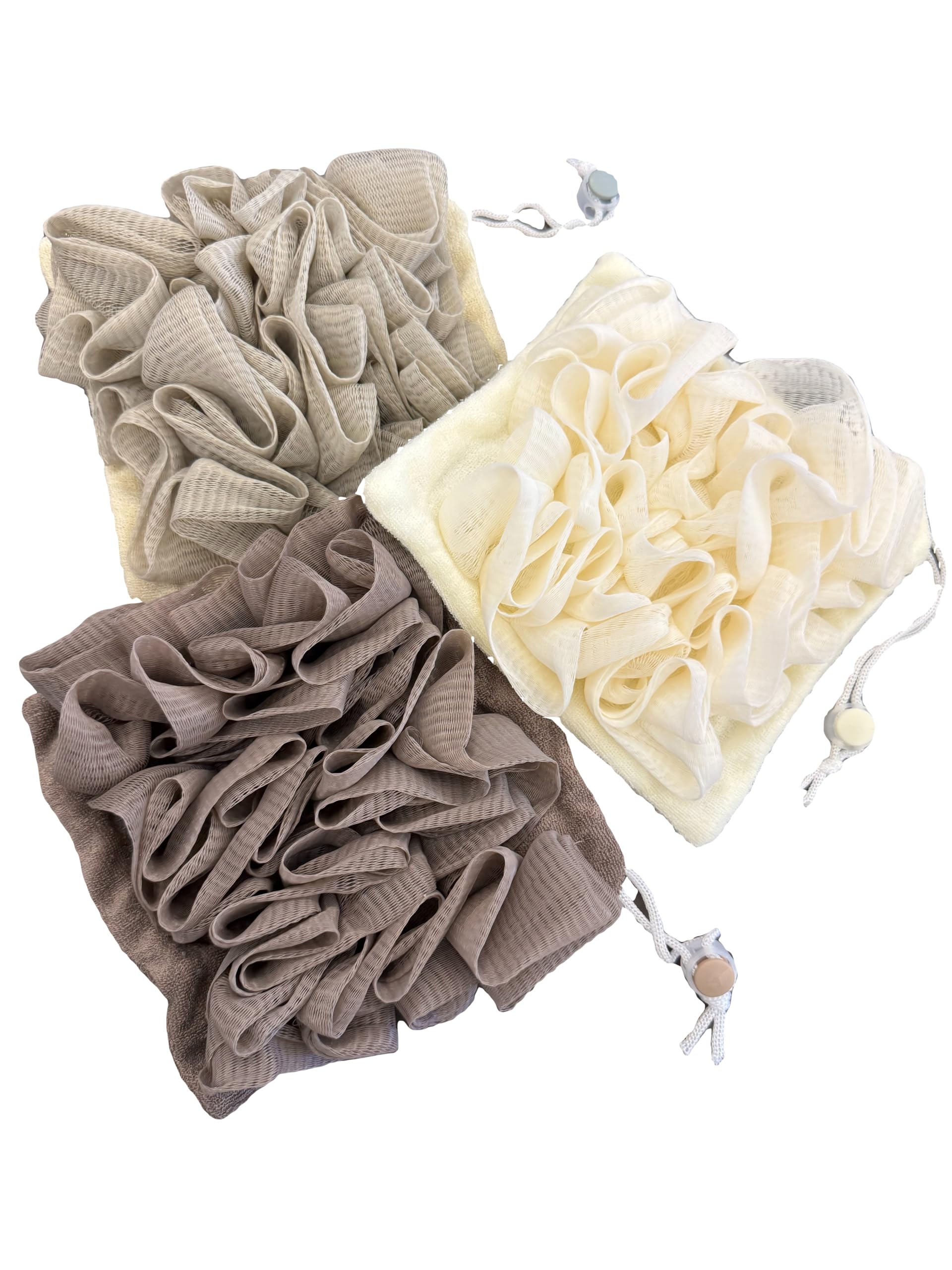 Juego de 3 paños de lufa 2 en 1, soporte de jabón de malla exfoliante, bola de ducha para lavado corporal y piel suave + paño de lufa gratis (gris, café y blanco)