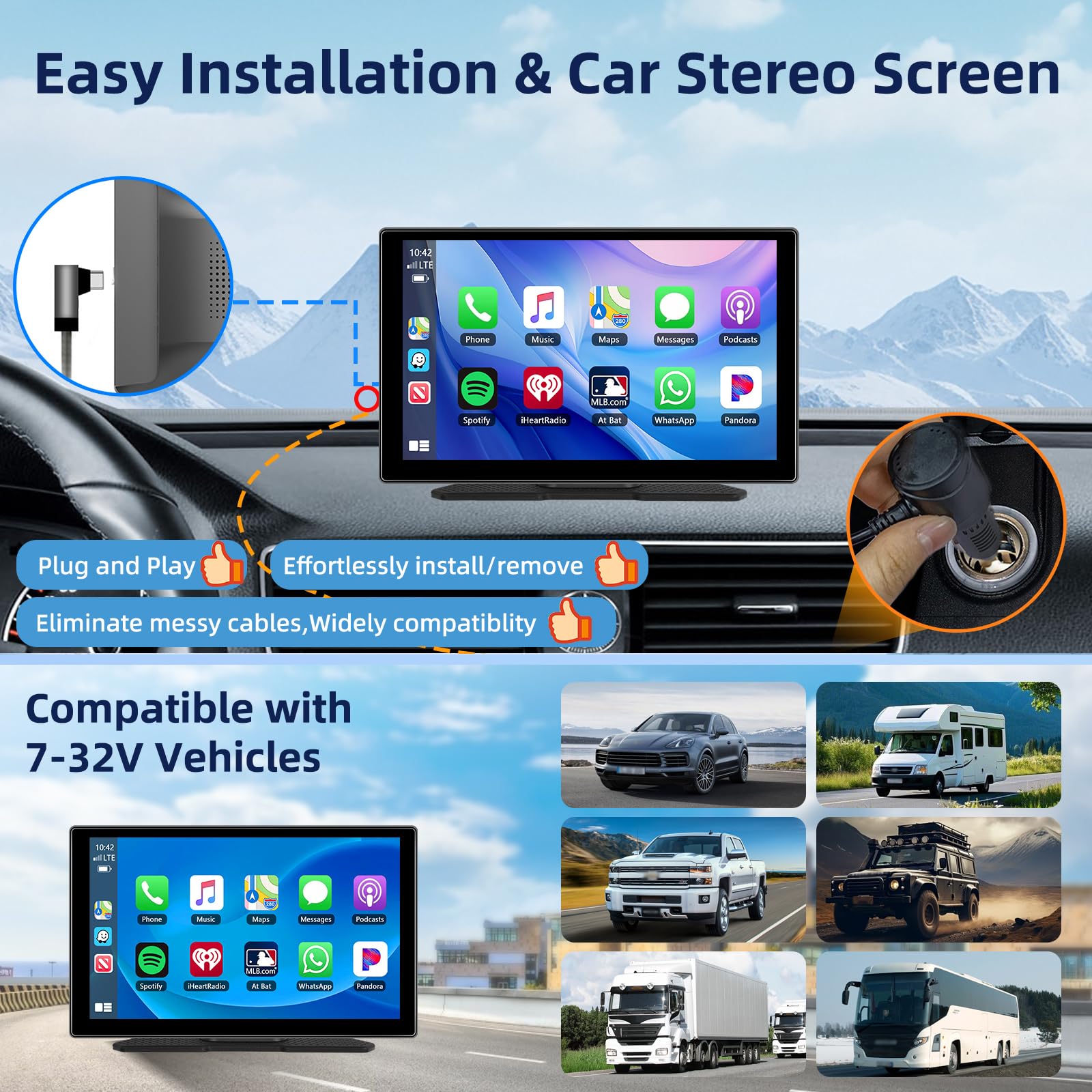 9 Zoll Tragbares Autoradio mit Wireless Carplay Android Auto Bildschirm, 7-32V Touchscreen mit Sprachassistent/Bluetooth/FM Transmitter/AUX+ Camera