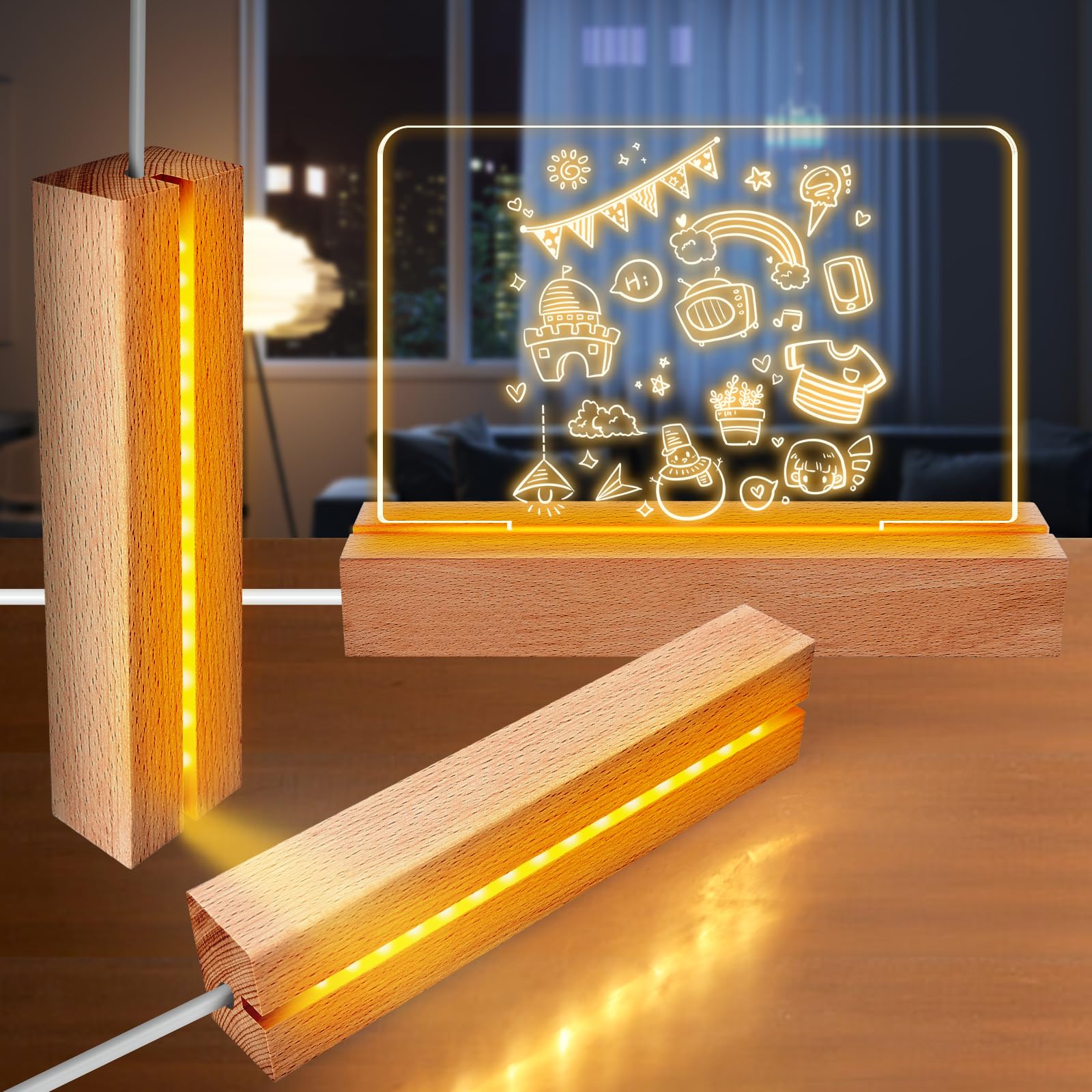 BORDEAG Set di 4 basi in legno LED rettangolari USB, 15 cm, bianco caldo, elegante supporto in legno per vetro acrilico, cristallo, resina, opere d'arte