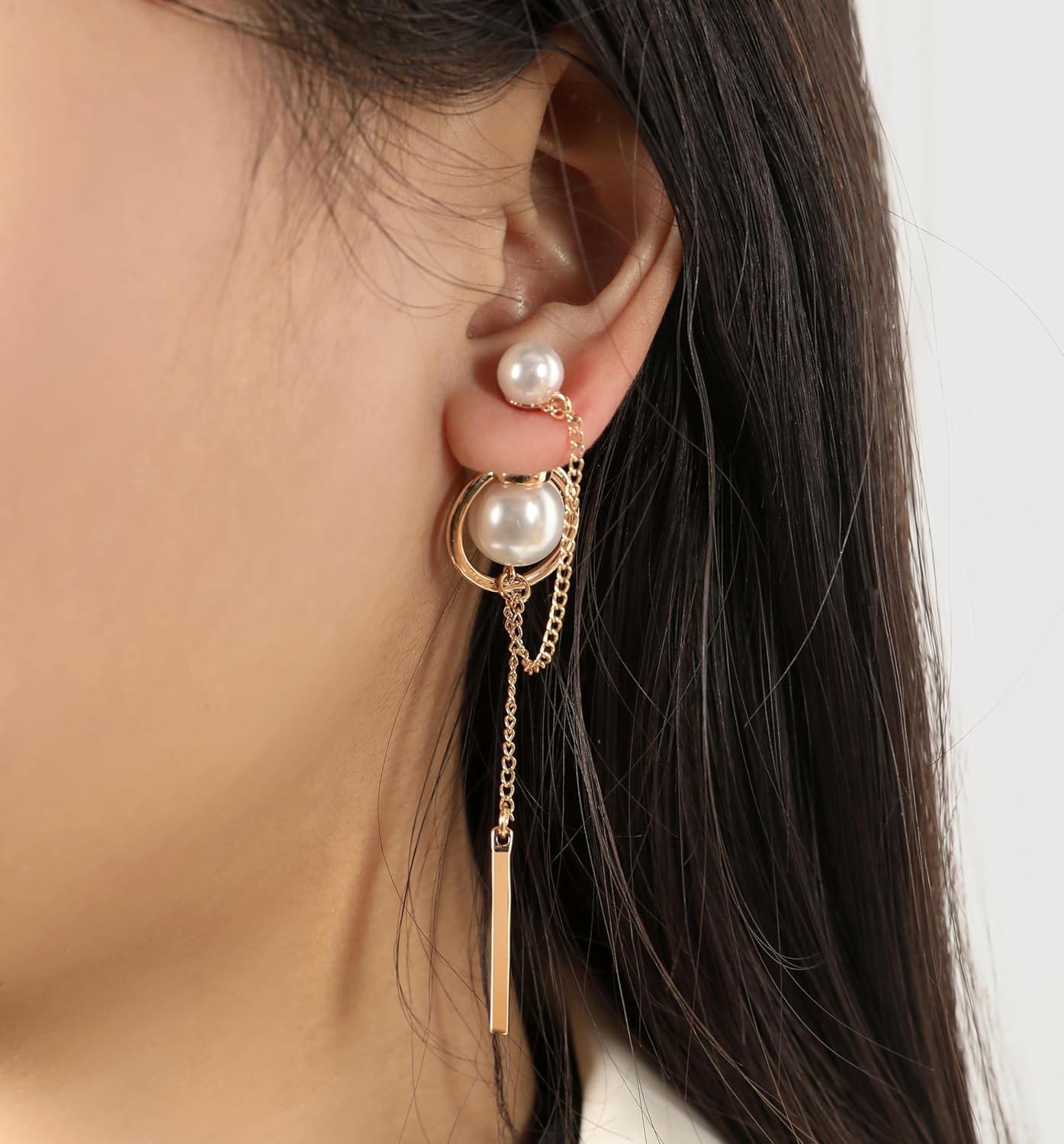CLEBLE | Double Pearl Dangle Earrings/Gold Chain Tassel Drop Earrings/Double Pearl Back Ear Jacket Earrings/Elegant Kpop Korean Dainty Earrings Gold