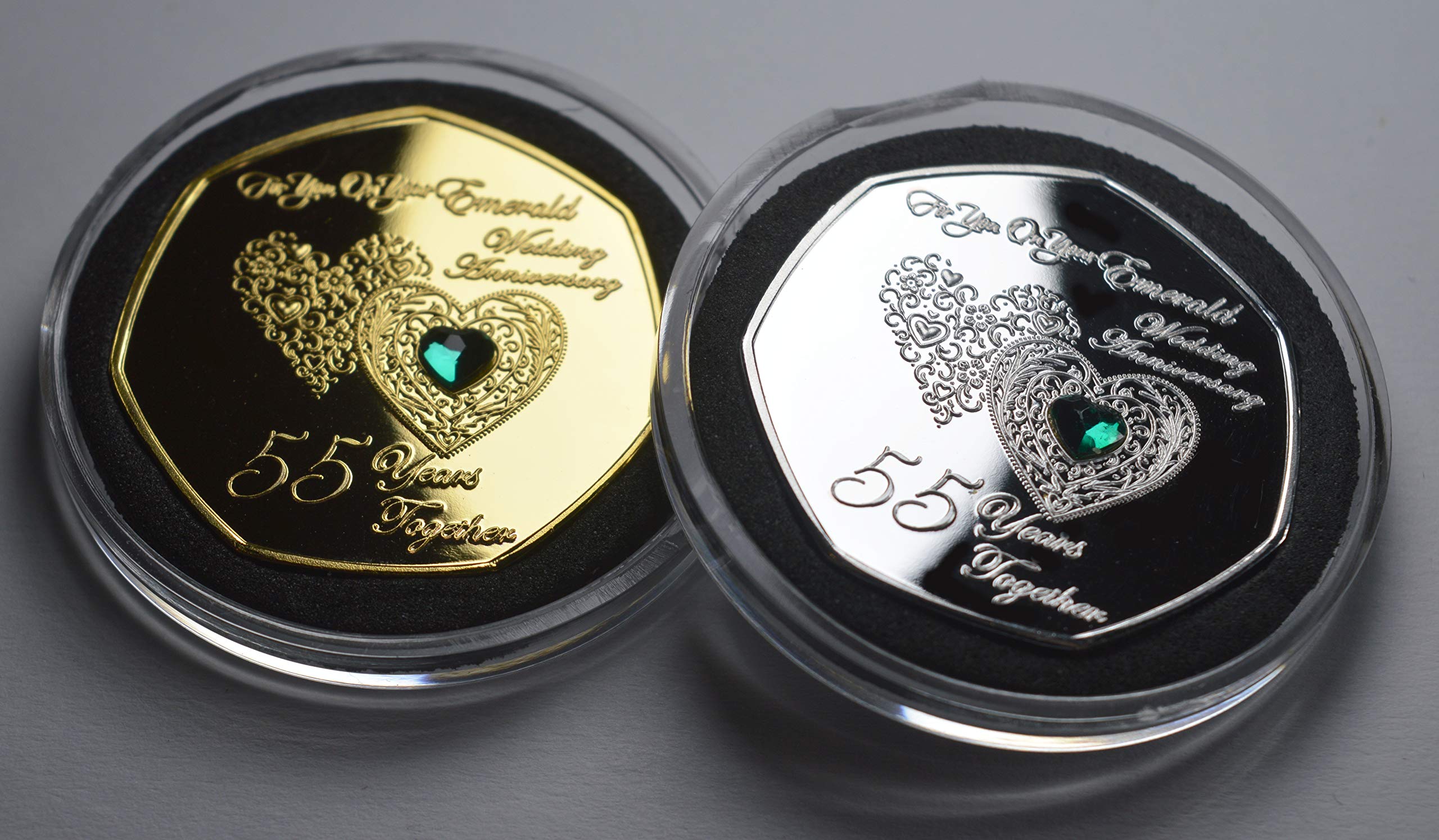 The Commemorative Coin Company Pair of 55TH EMERALD WEDDING ANNIVERSARY Silver & 24ct Gold Commemoratives with Diamante Gemstones. Capsules. Gift/Present 55 Years Together