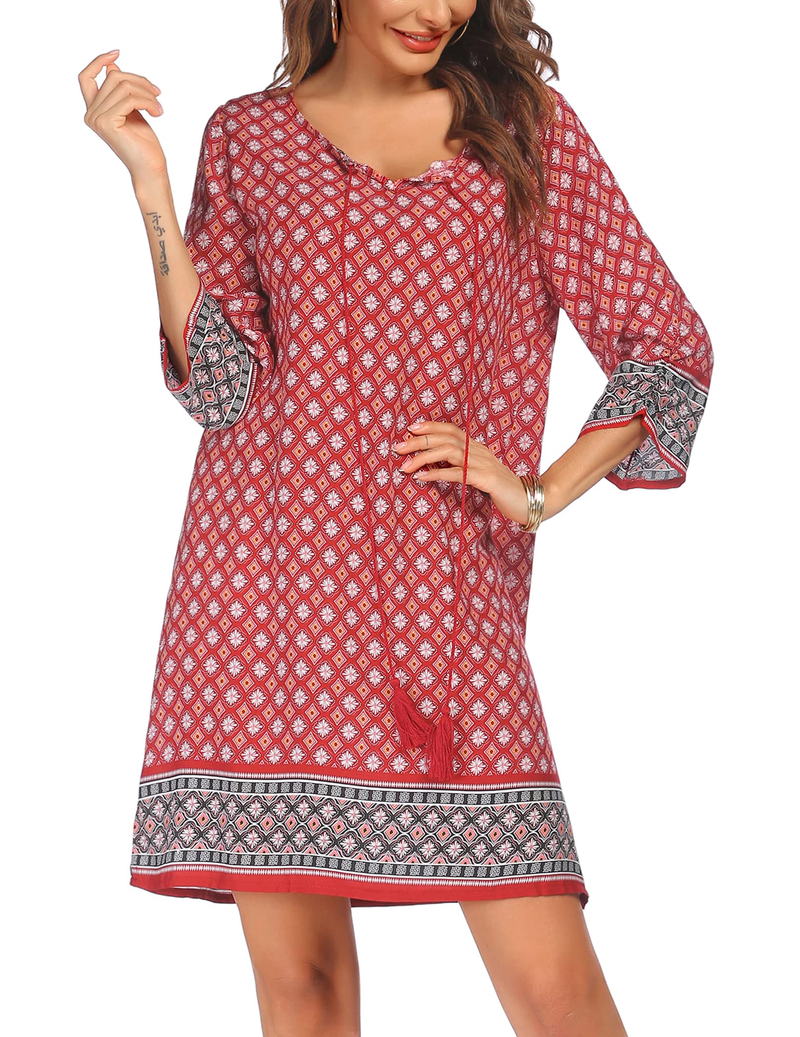 Zeagoo Zomerjurk voor dames, Boheemse bloemen, 3/4-mouw, tuniek, mini-jurk, losse tuniek, vrijetijdsjurk, blauw, M